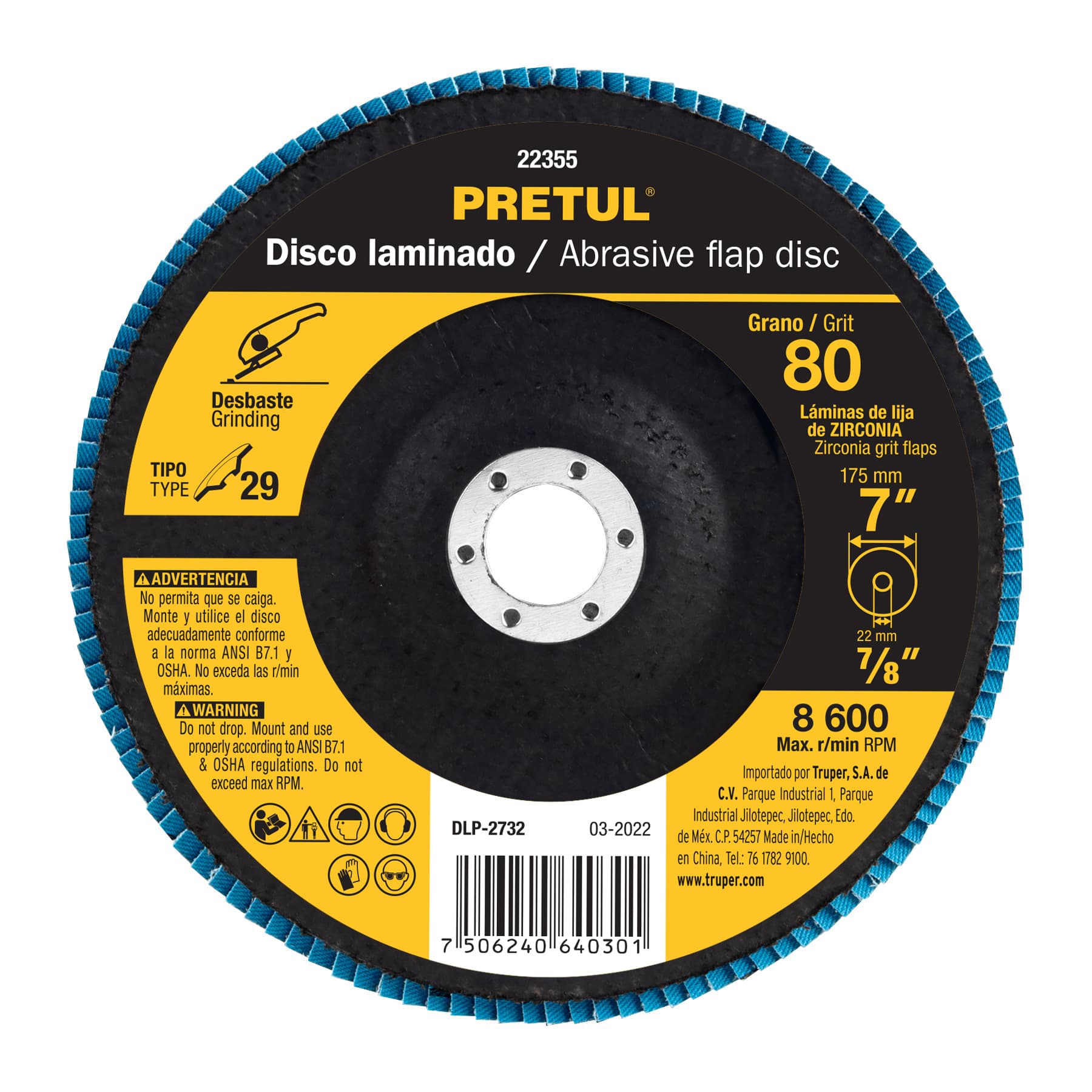 Disco laminado 7", grano 80 centro 7/8", fibra, Pretul, DLP-2732, 22355