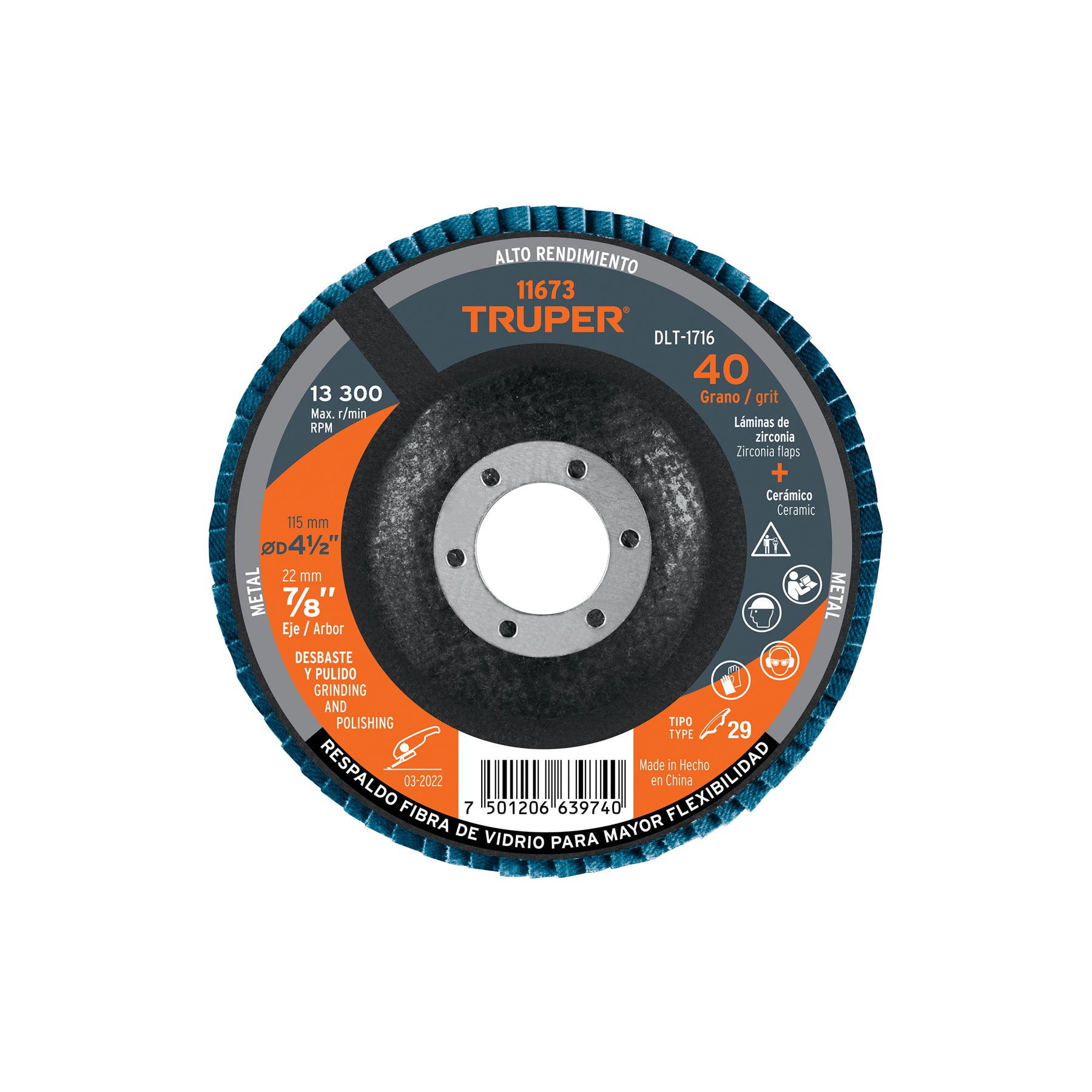 Disco laminado 4-1/2", grano 40 centro 7/8", fibra, Truper