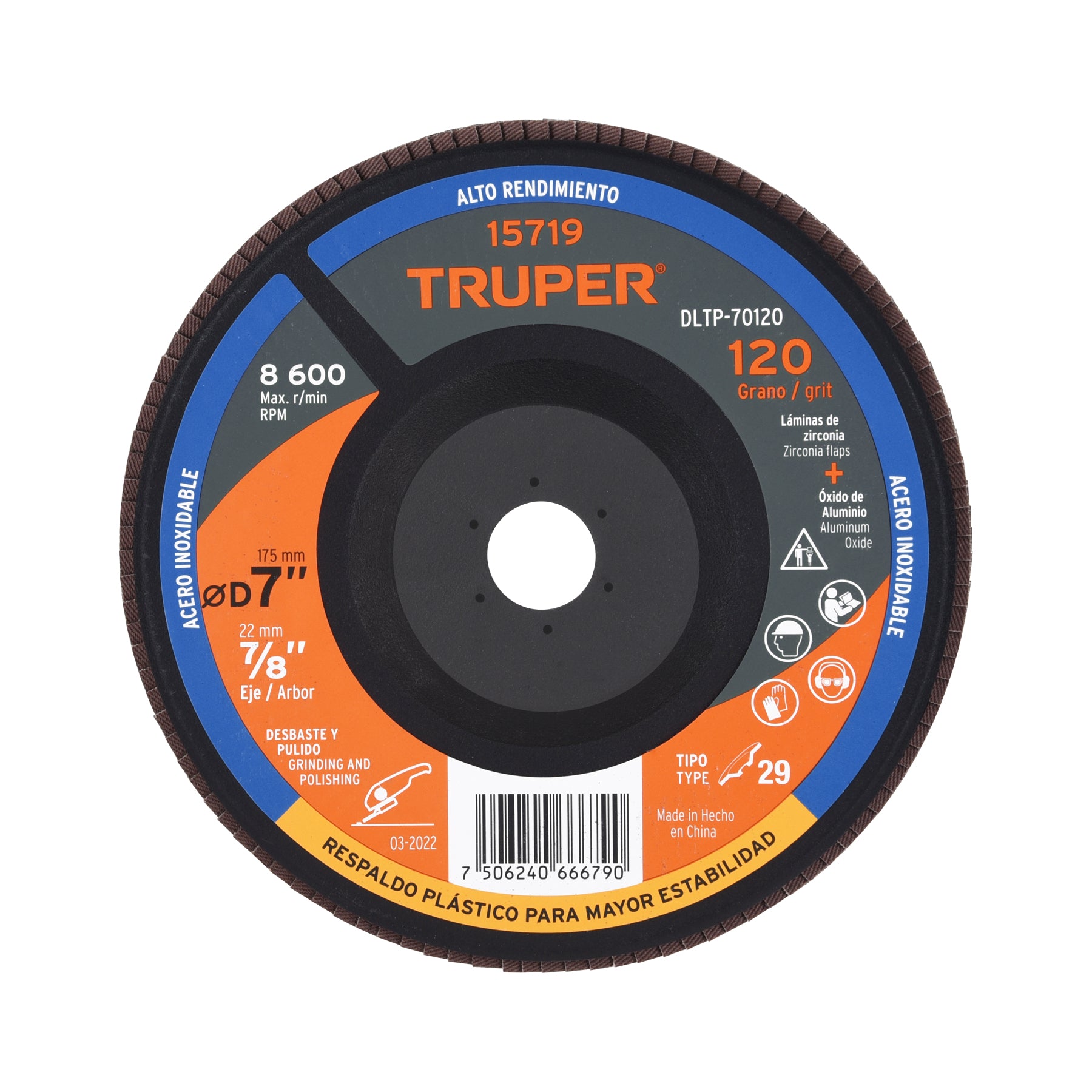 Disco laminado 7" grano 120 centro 7/8", plástico, Truper