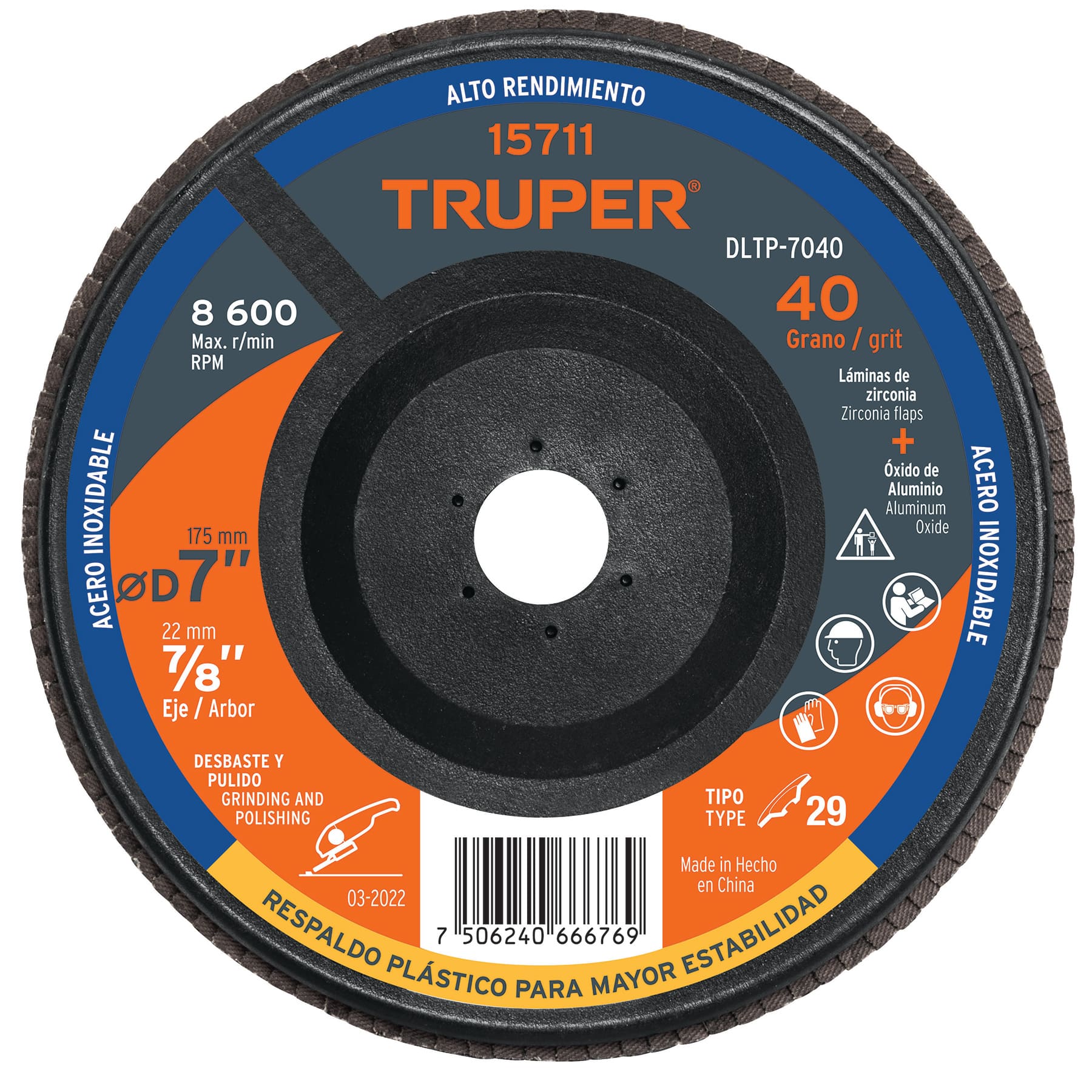 Disco laminado 7" grano 40 centro 7/8", plástico, Truper