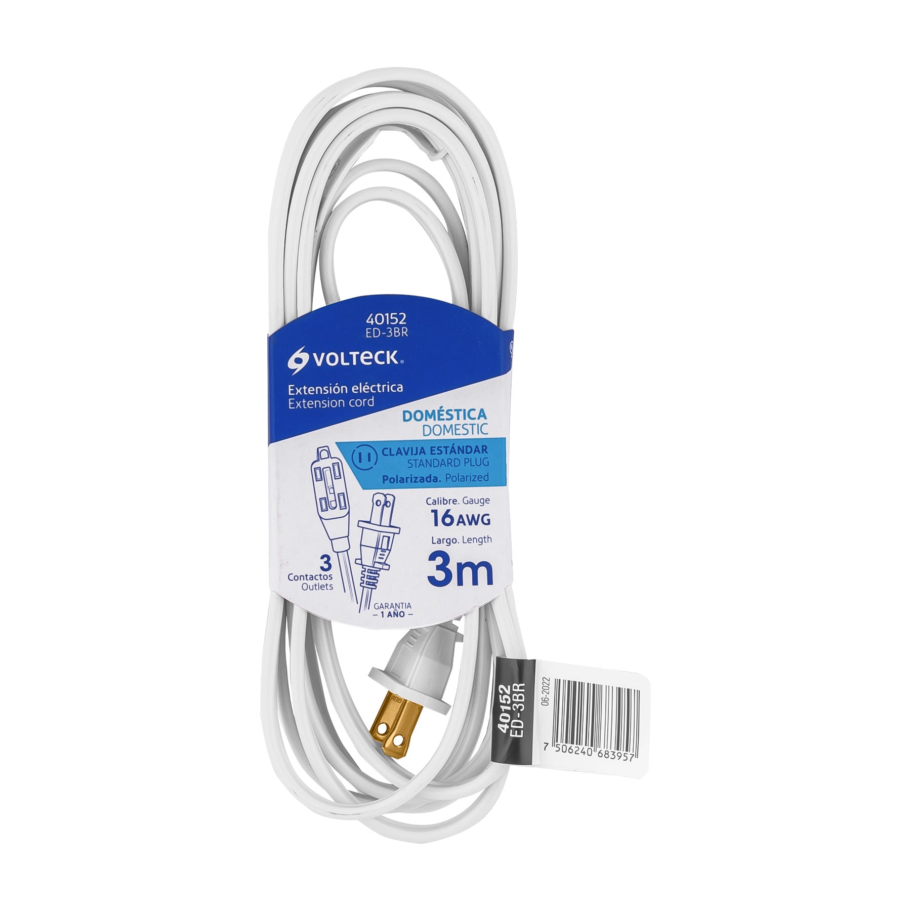 Extensión eléctrica doméstica 3 m clavija recta, blanca, Volteck, ED-3BR, 40152