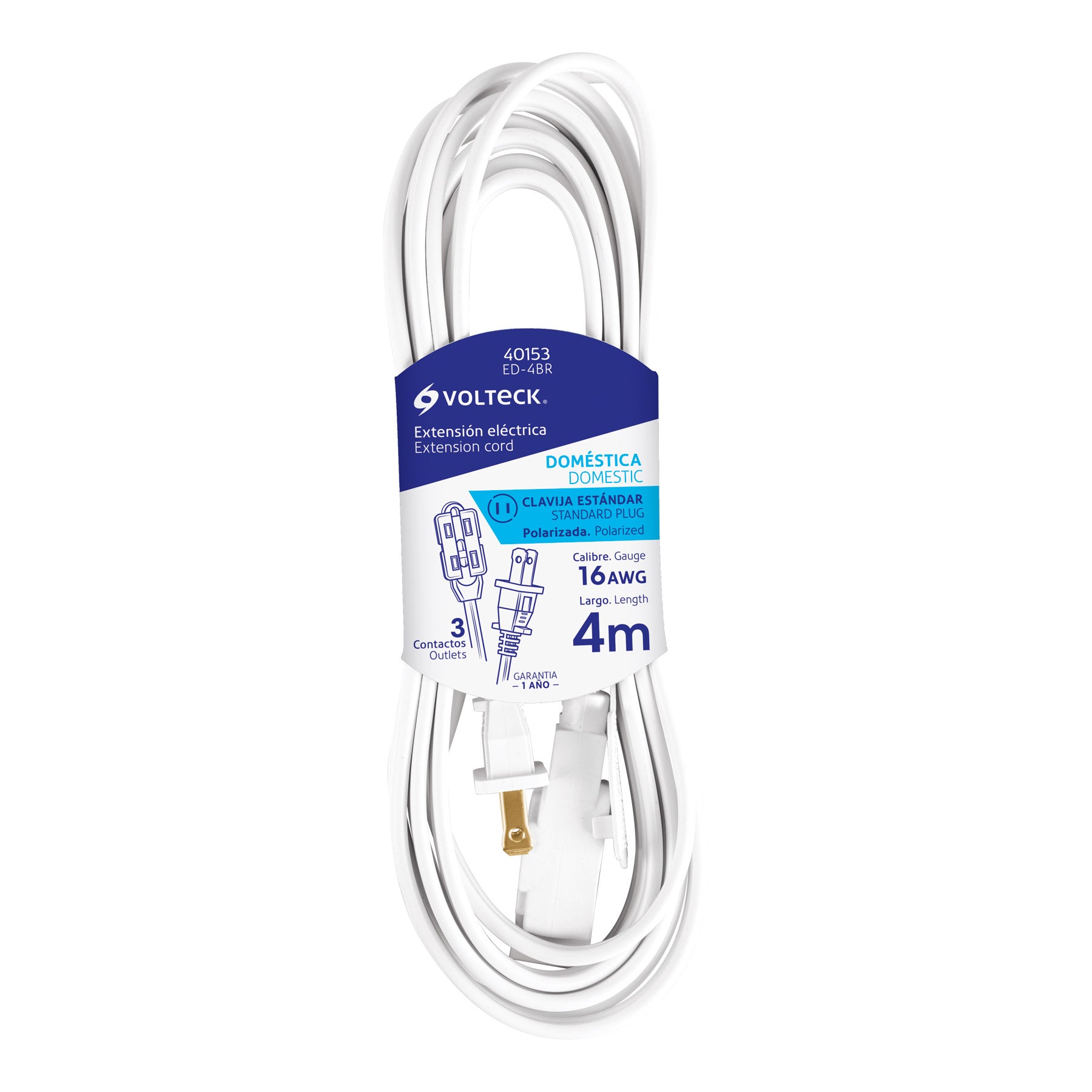 Extensión eléctrica doméstica 4 m clavija recta, blanca