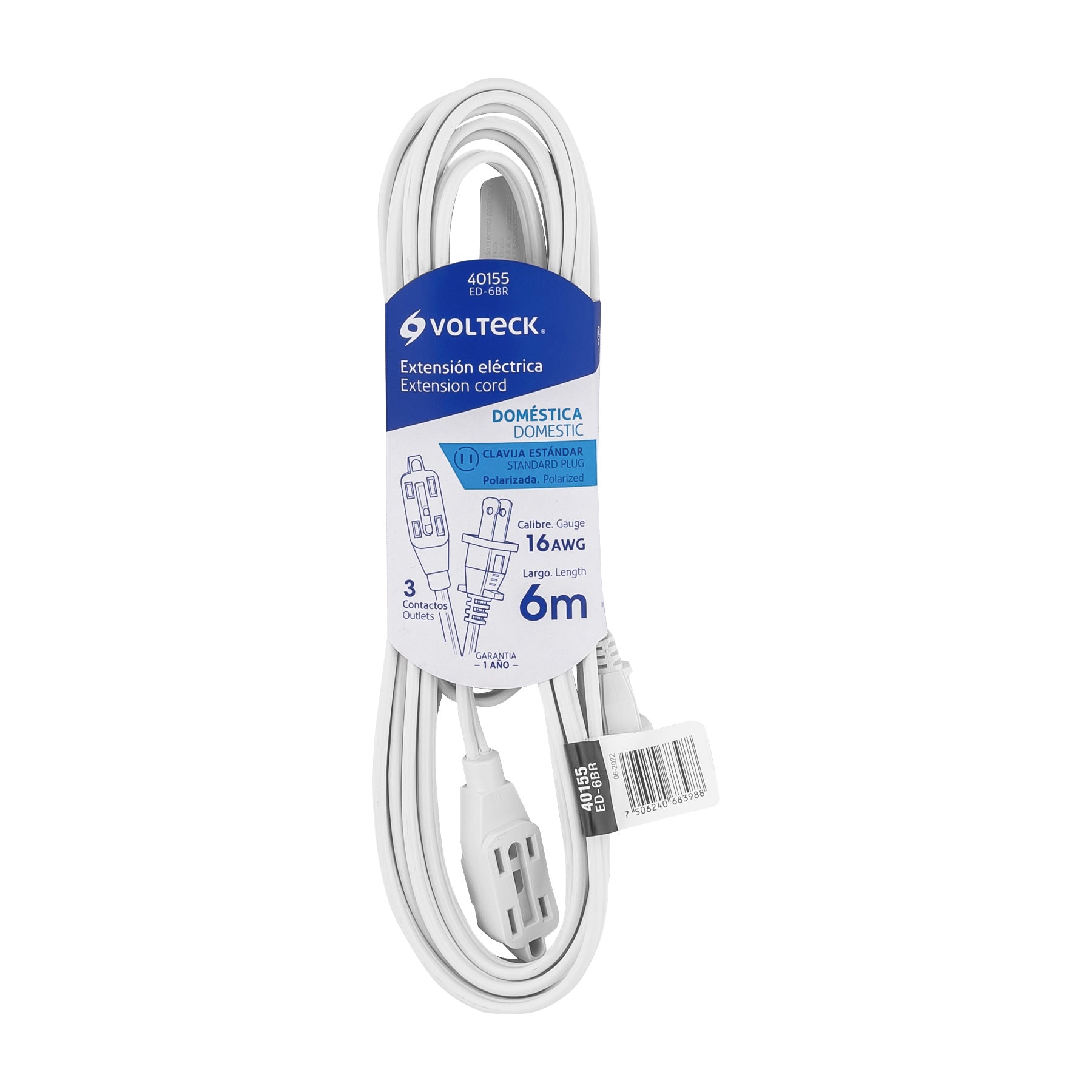 Extensión eléctrica doméstica 6 m clavija recta, blanca, Volteck, ED-6BR, 40155