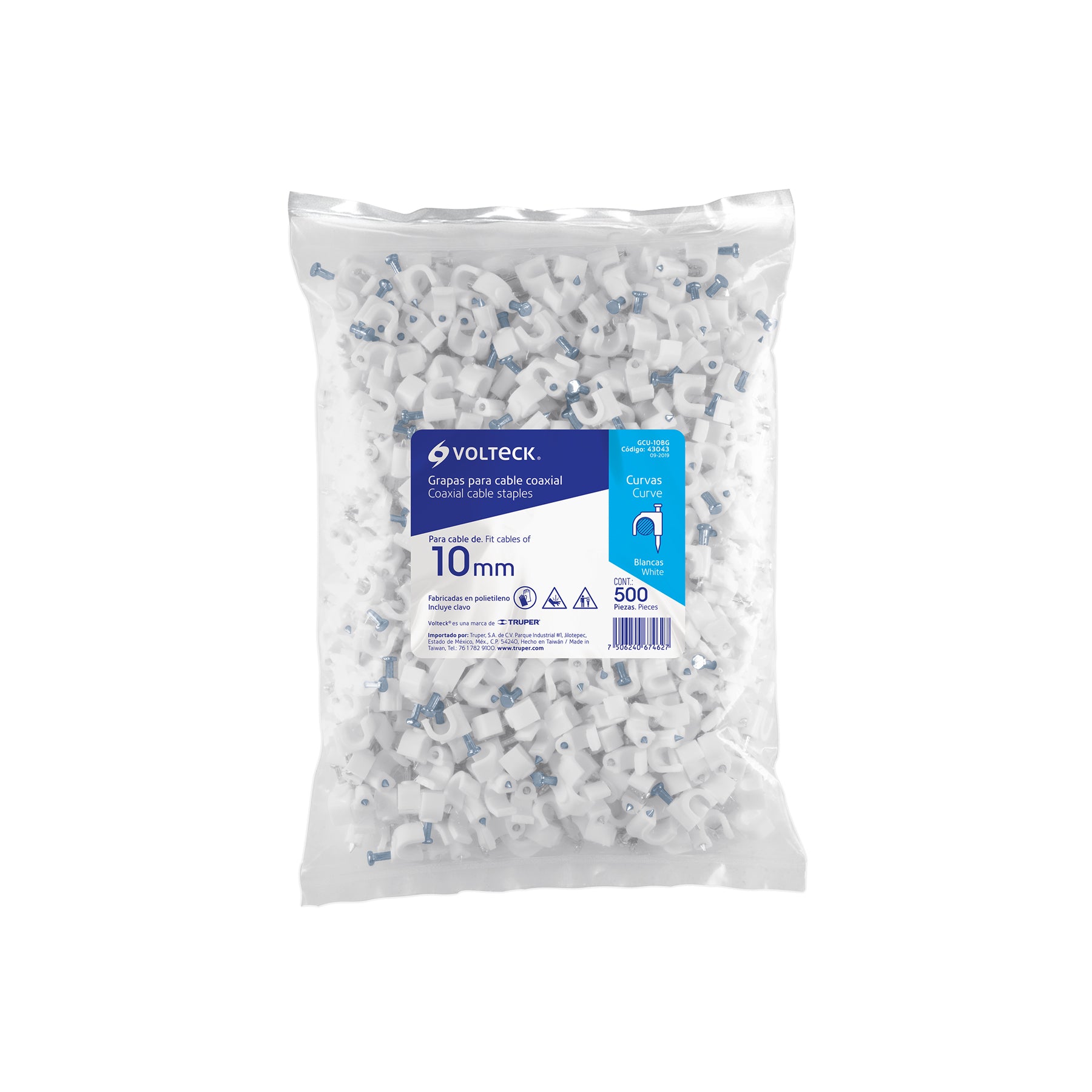 Bolsa con 500 grapas blancas de 6 mm para cable redondo, Volteck, GCU-6BG, 43041