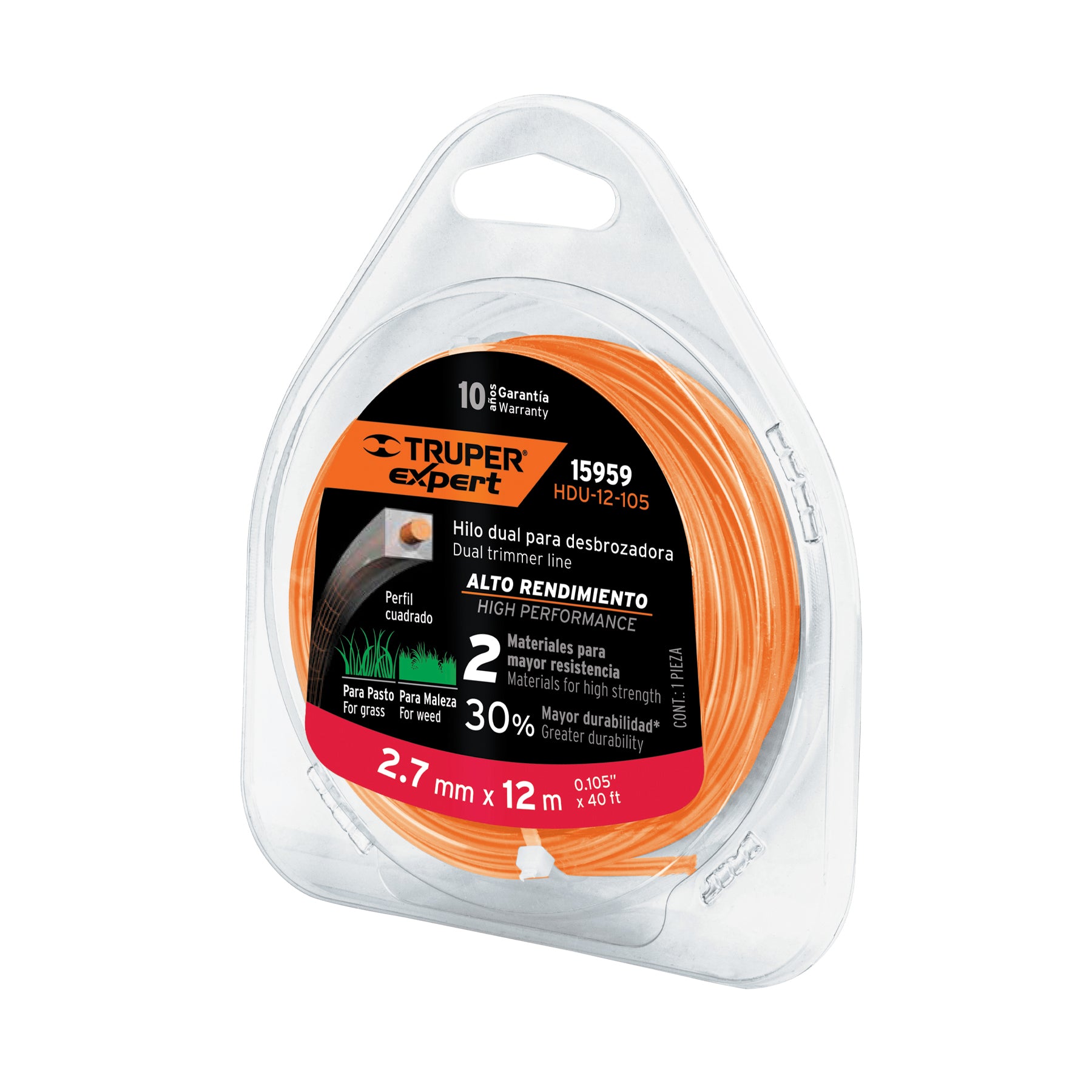 Hilo cuadrado dual para desbrozadora, 2.7mm x12m,blíster Expert