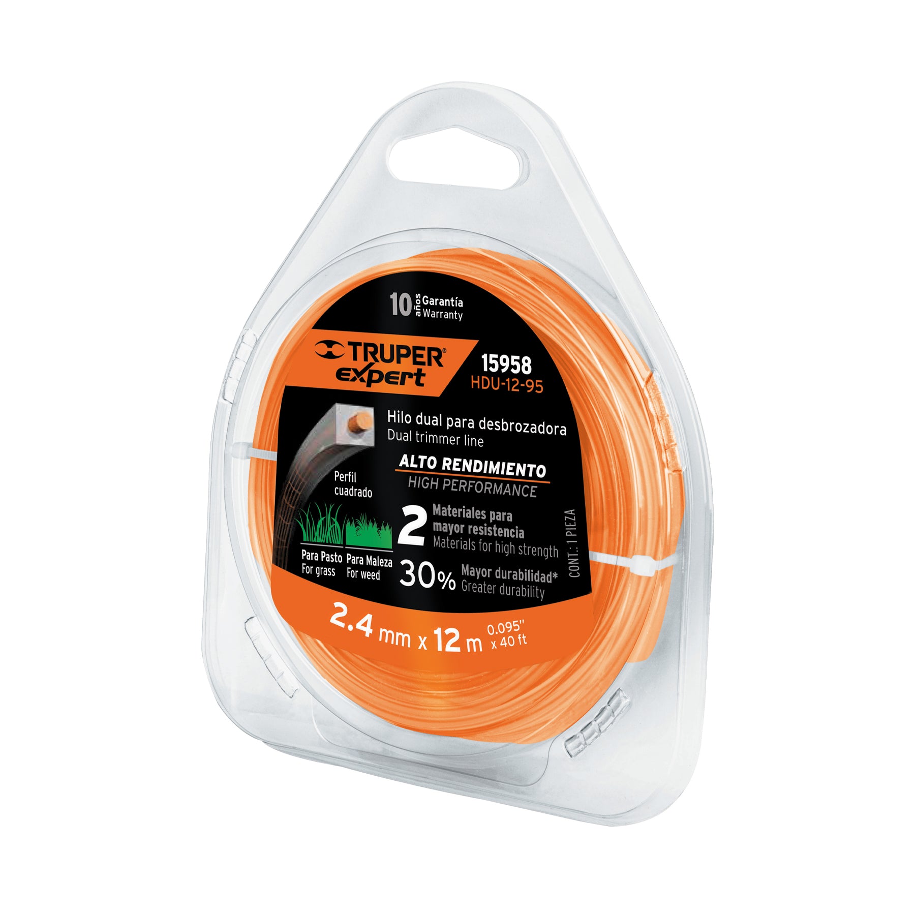 Hilo cuadrado dual para desbrozadora, 2.4mm x12m,blíster Expert