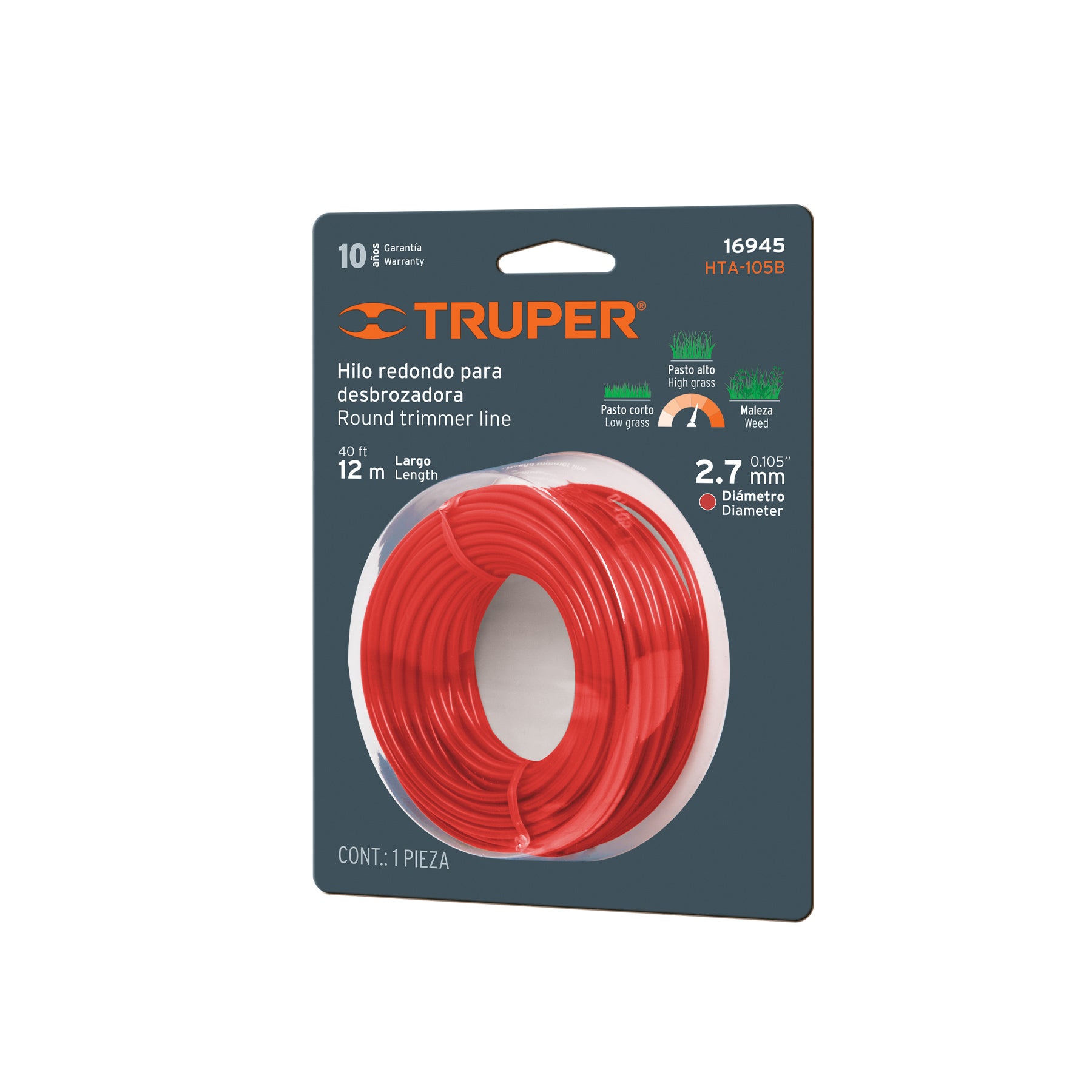 Hilo redondo, para desbrozadora, 2.7mm x12m, tarjeta, Truper