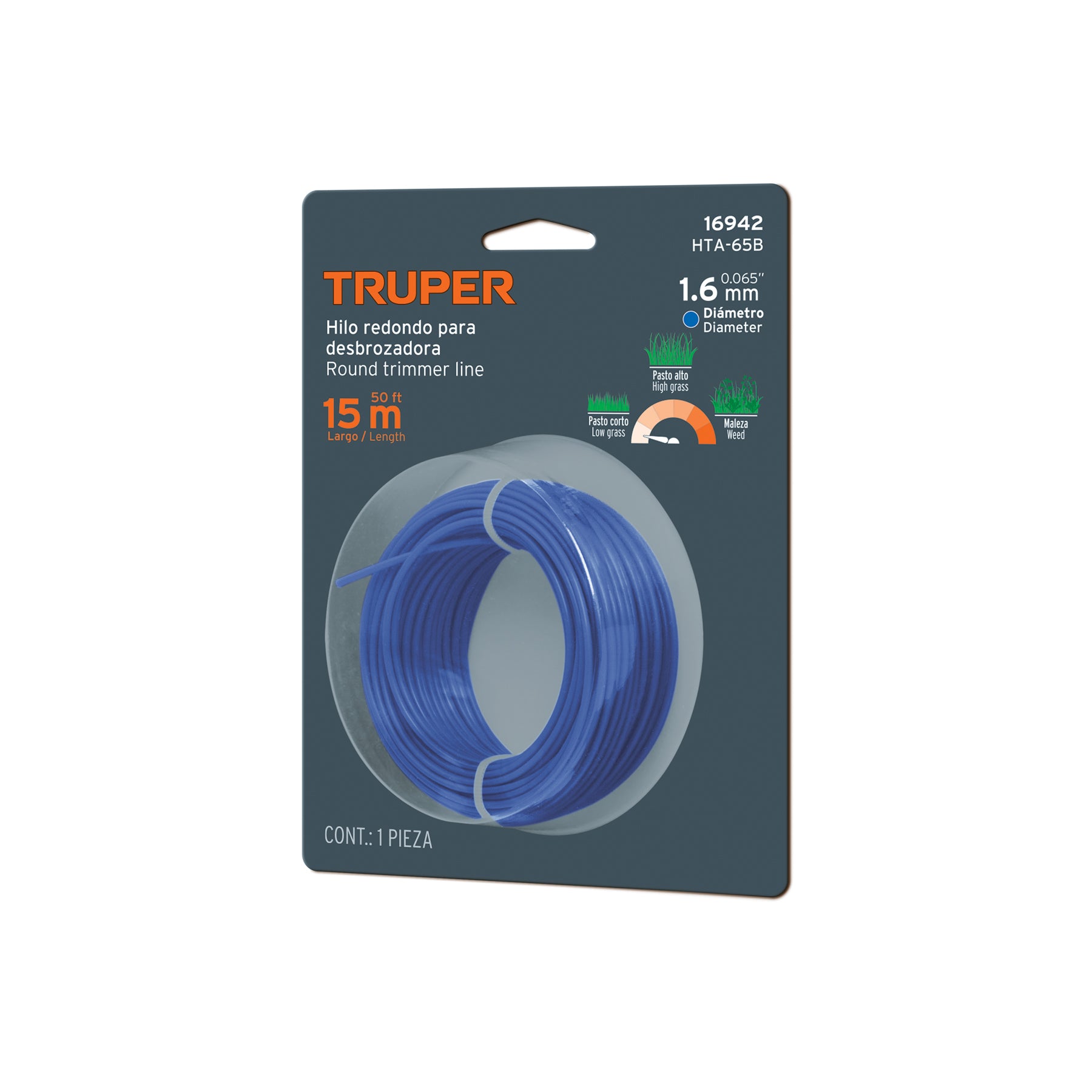 Hilo redondo, para desbrozadora, 1.6mm x 15m, tarjeta,Truper