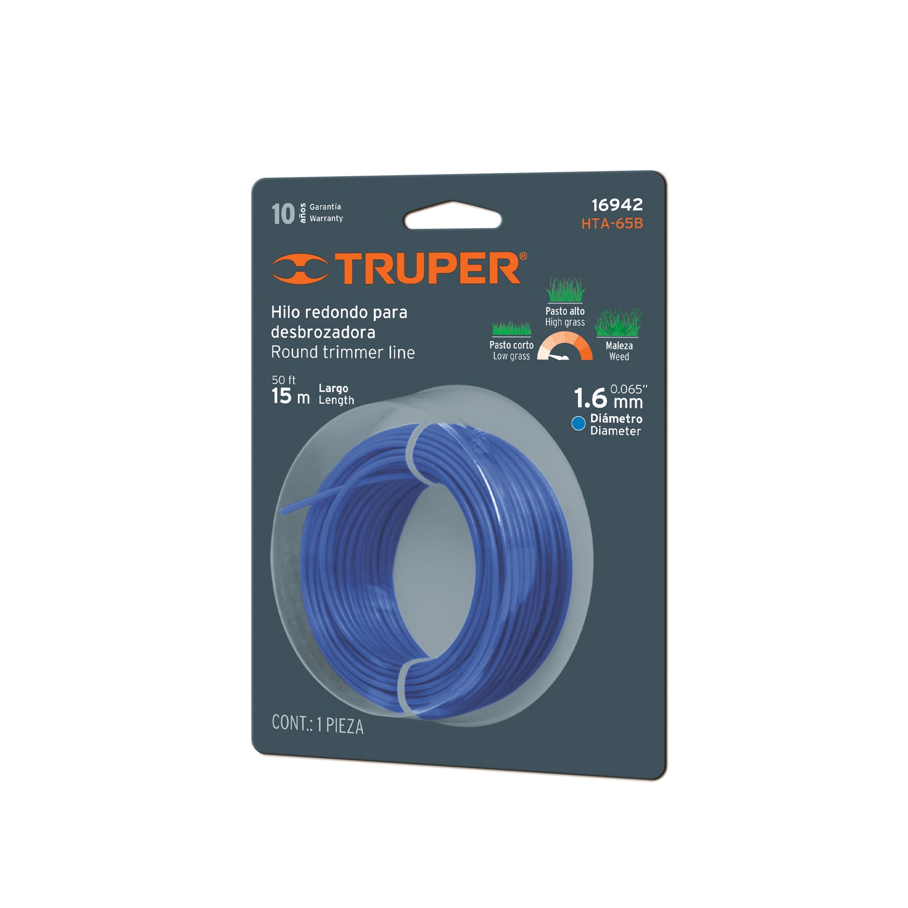 Hilo redondo, para desbrozadora, 1.6mm x 15m, tarjeta,Truper