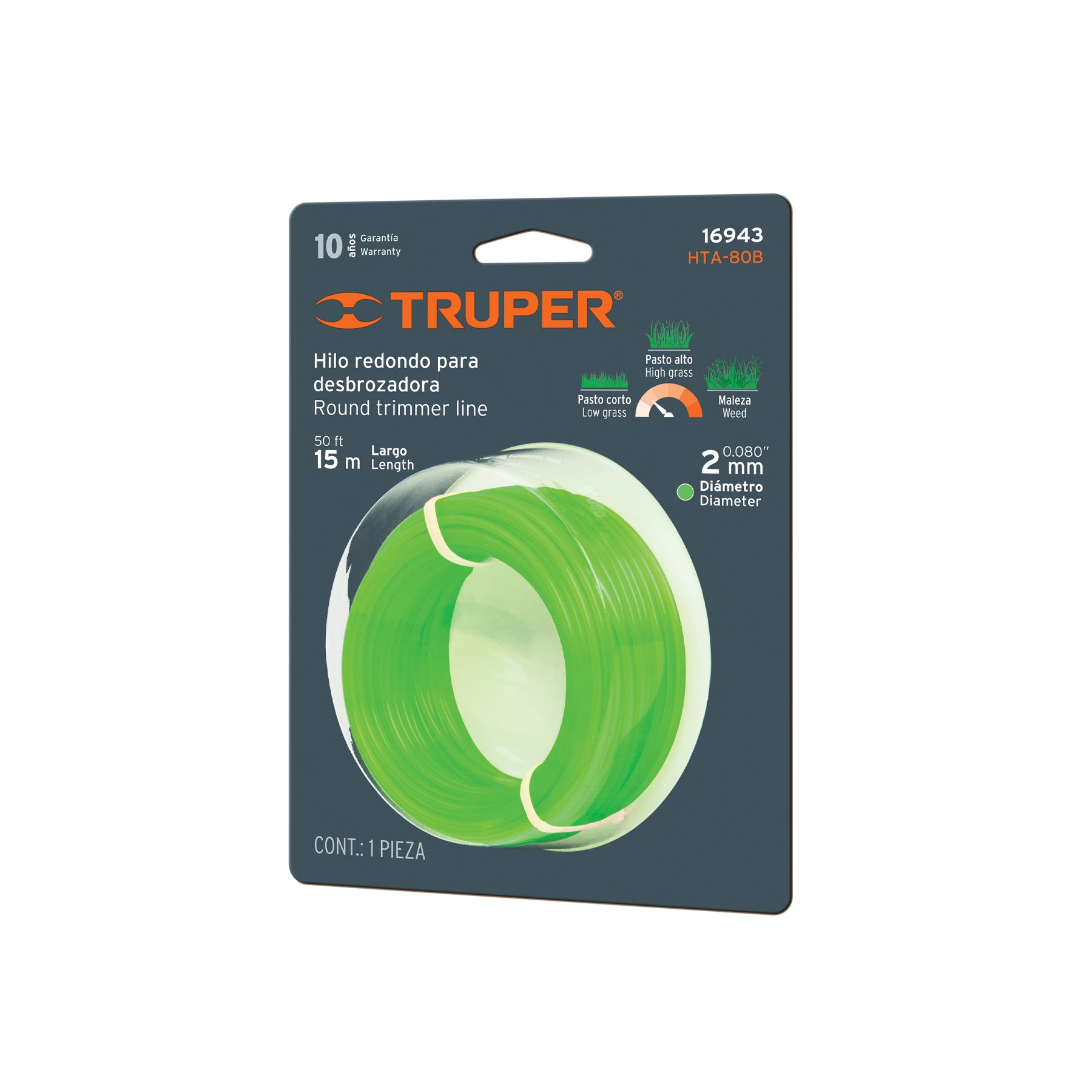 Hilo redondo, para desbrozadora, 2mm x 15m, tarjeta, Truper
