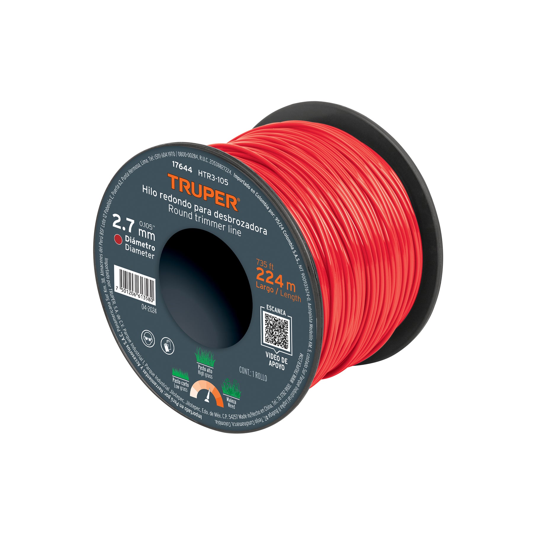 Hilo redondo, para desbrozadora, 2.7mm x 224m,carrete,Truper