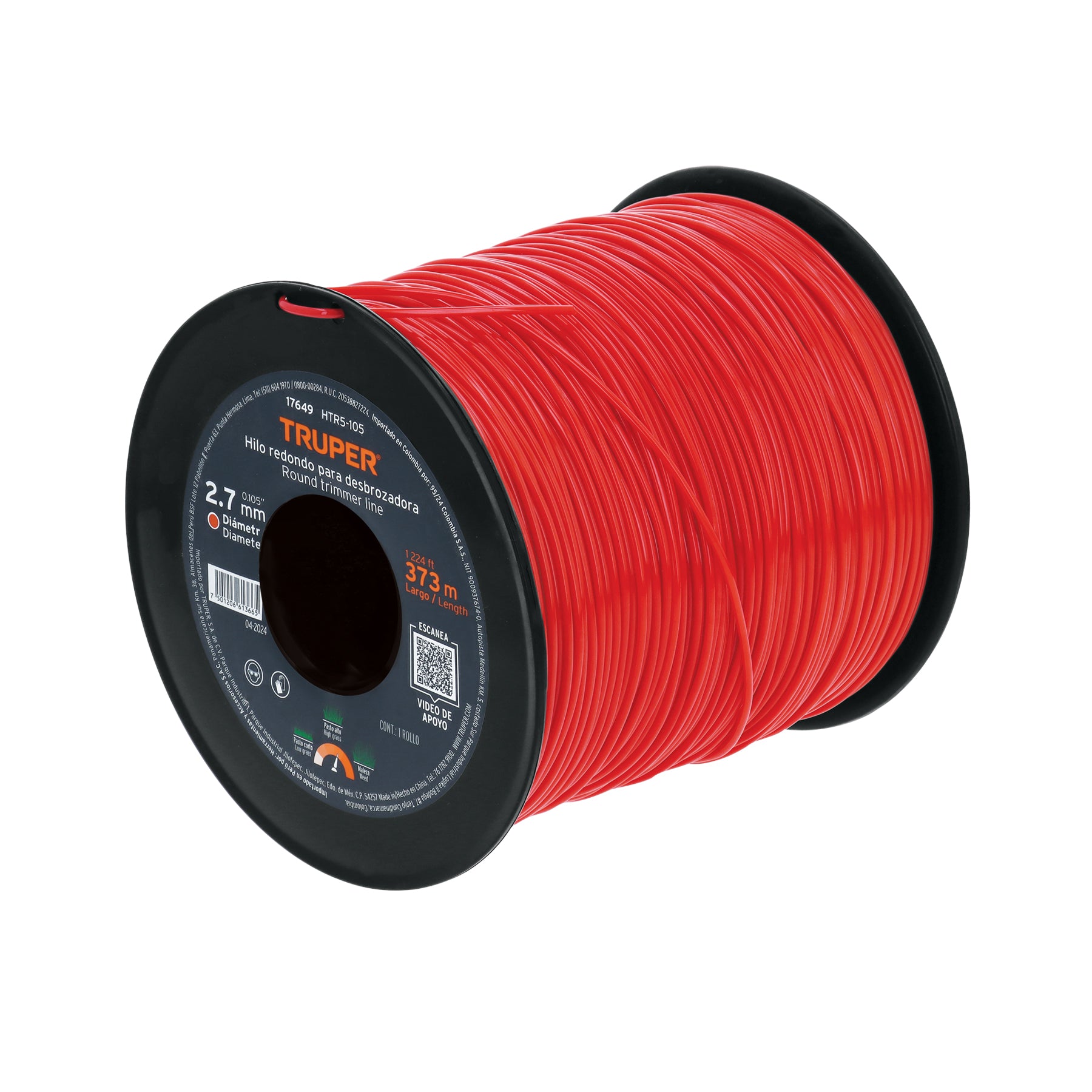 Hilo redondo, para desbrozadora 2.7mm x 373m, carrete Truper