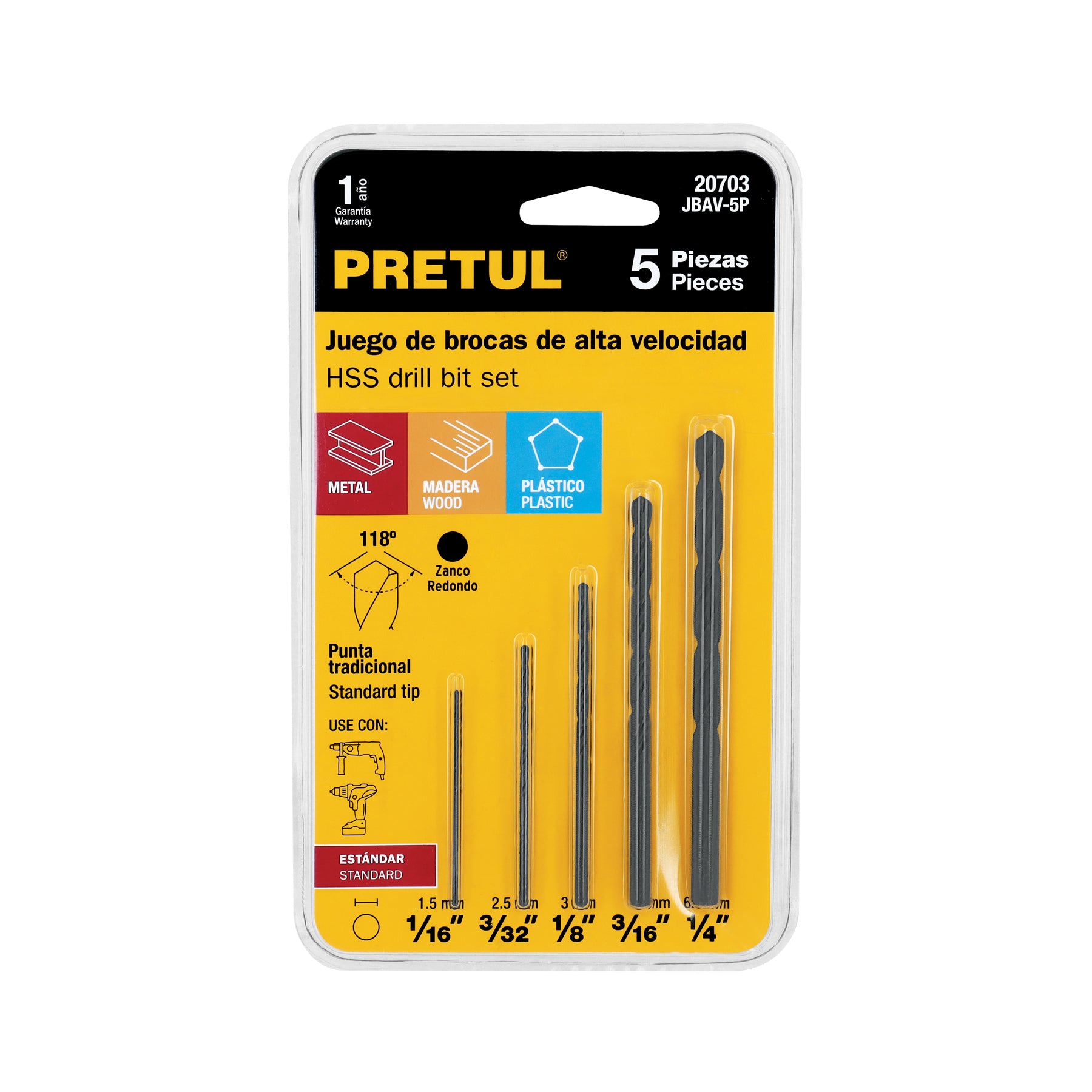 Juego de 5 brocas HSS para metal, Pretul, JBAV-5P, 20703