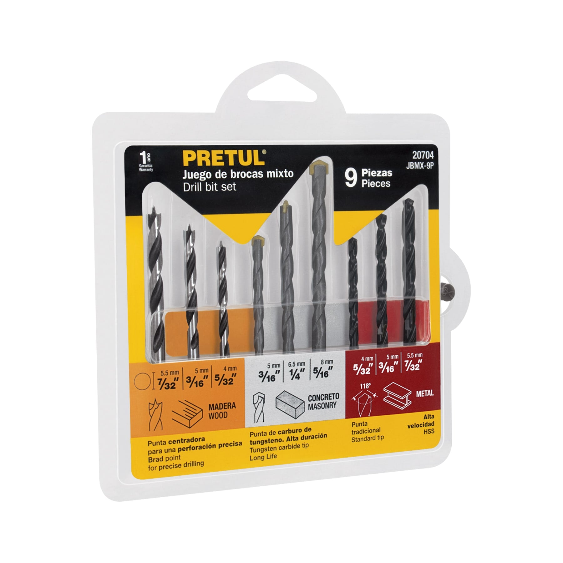 Juego de 9 brocas para metal, concreto y madera, Pretul, JBMX-9P, 20704