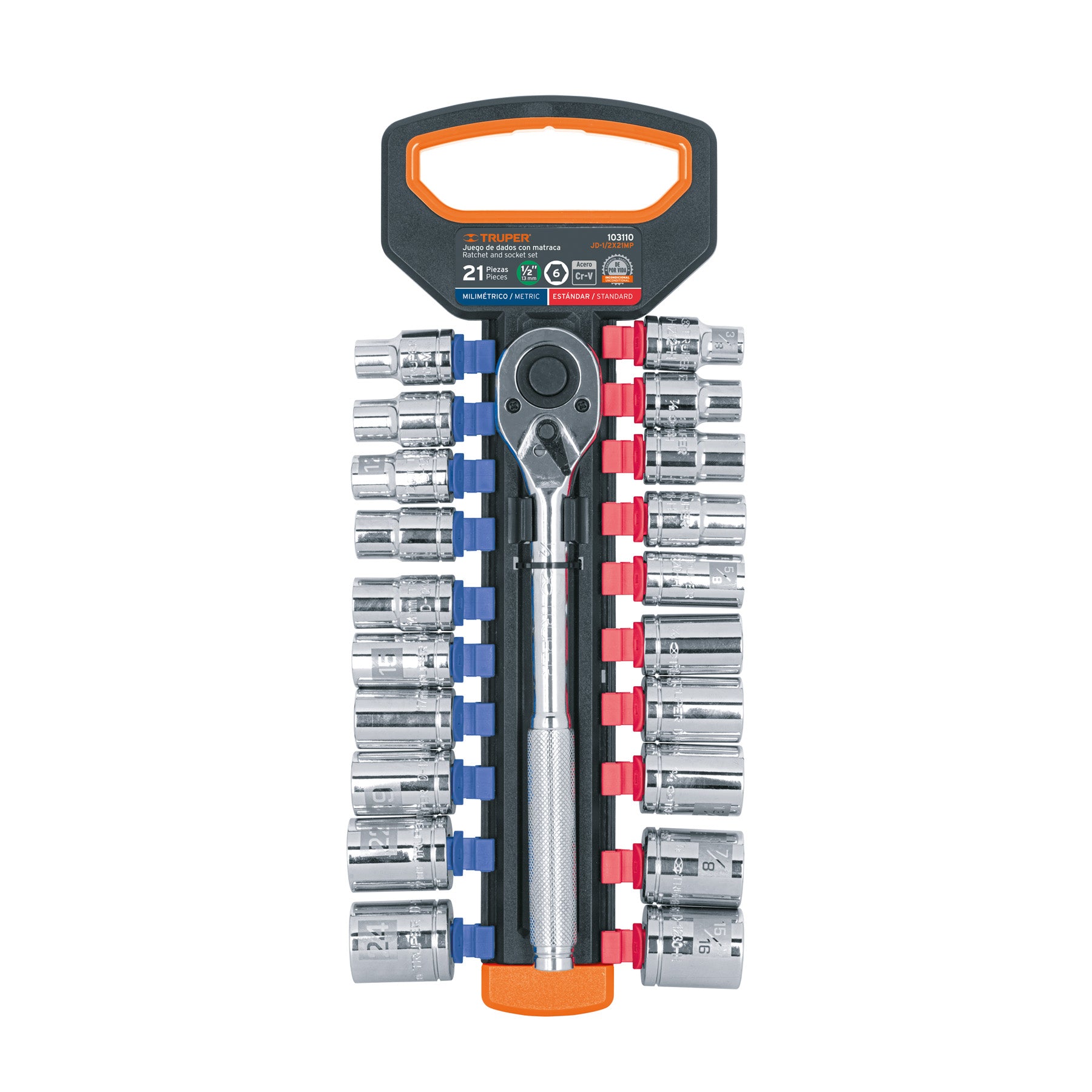 Juego de dados mm y estándar con matraca, cuadro 1/2", Truper