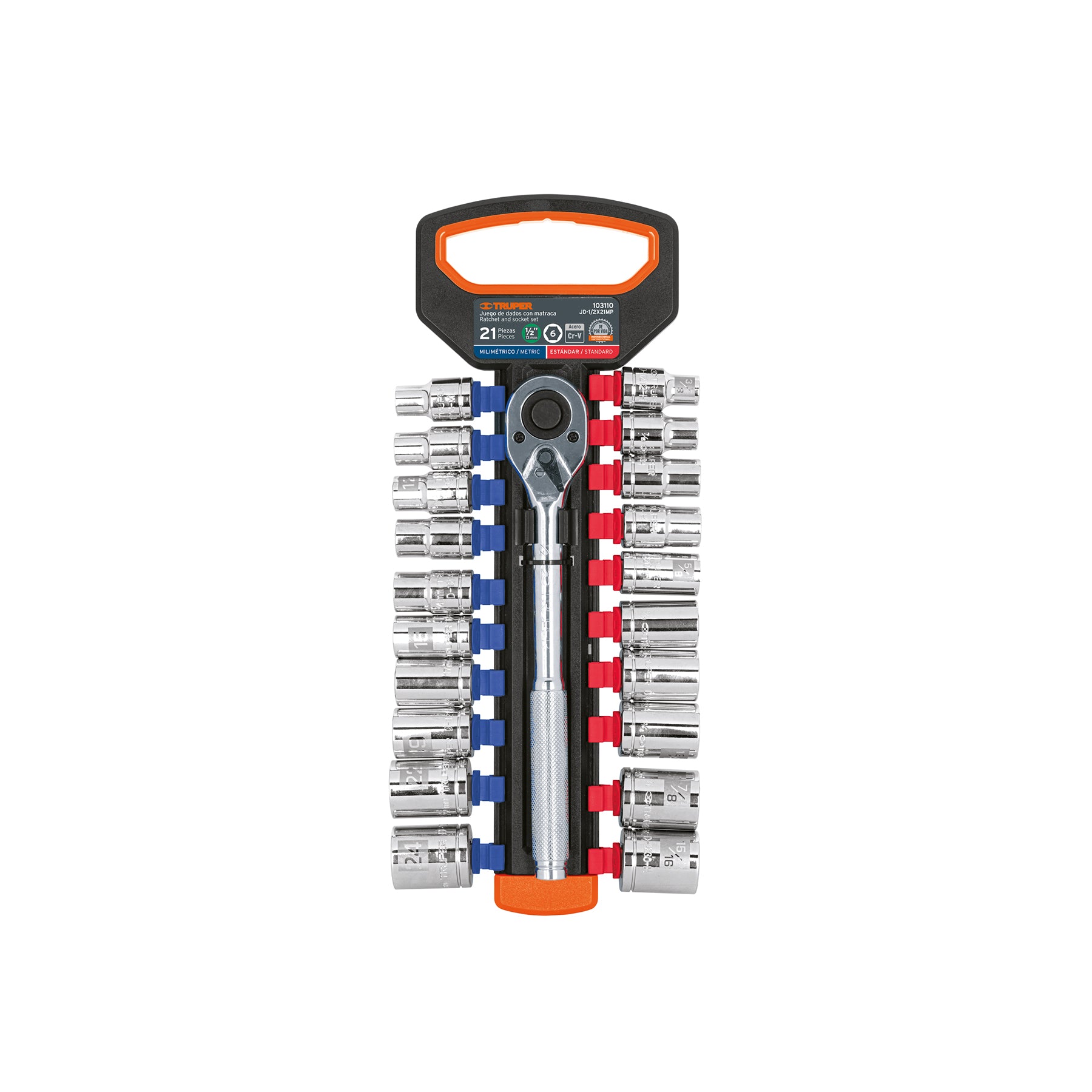 Juego de dados mm y estándar con matraca, cuadro 1/2", Truper