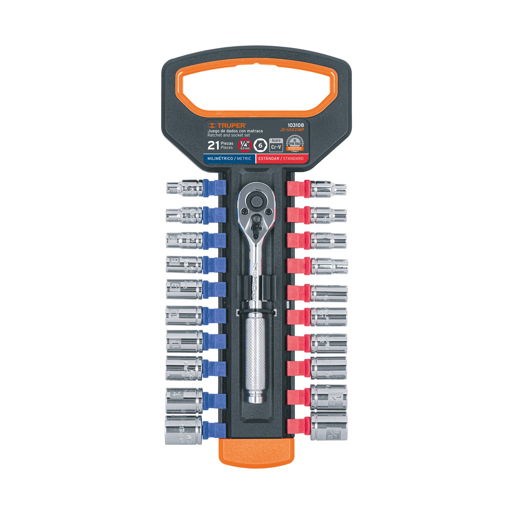 Juego de dados mm y estándar con matraca, cuadro 1/4", Truper