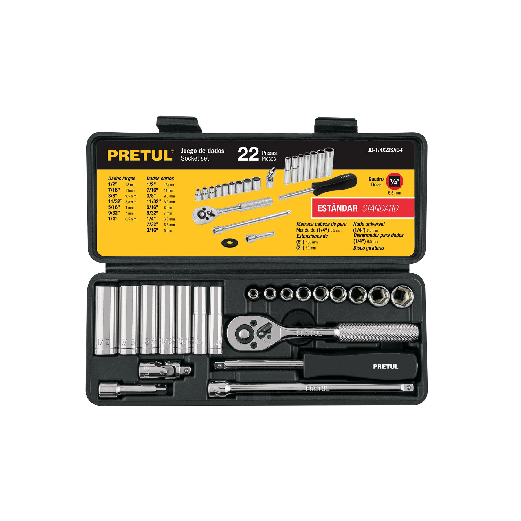 Juego de 22 herramientas 1/4" estándar para mecánico, Pretul