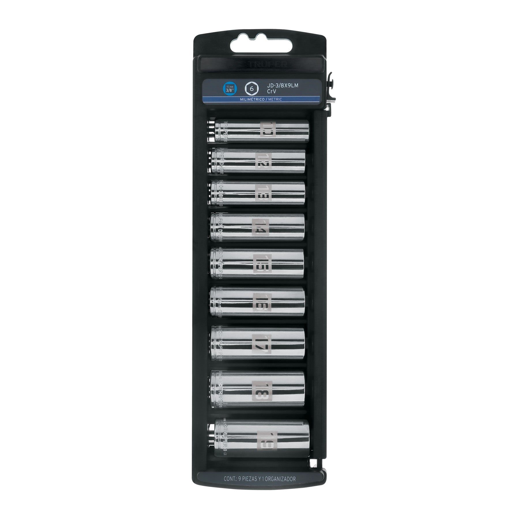 Juego de 9 dados largos cuadro 3/8" mm, Truper