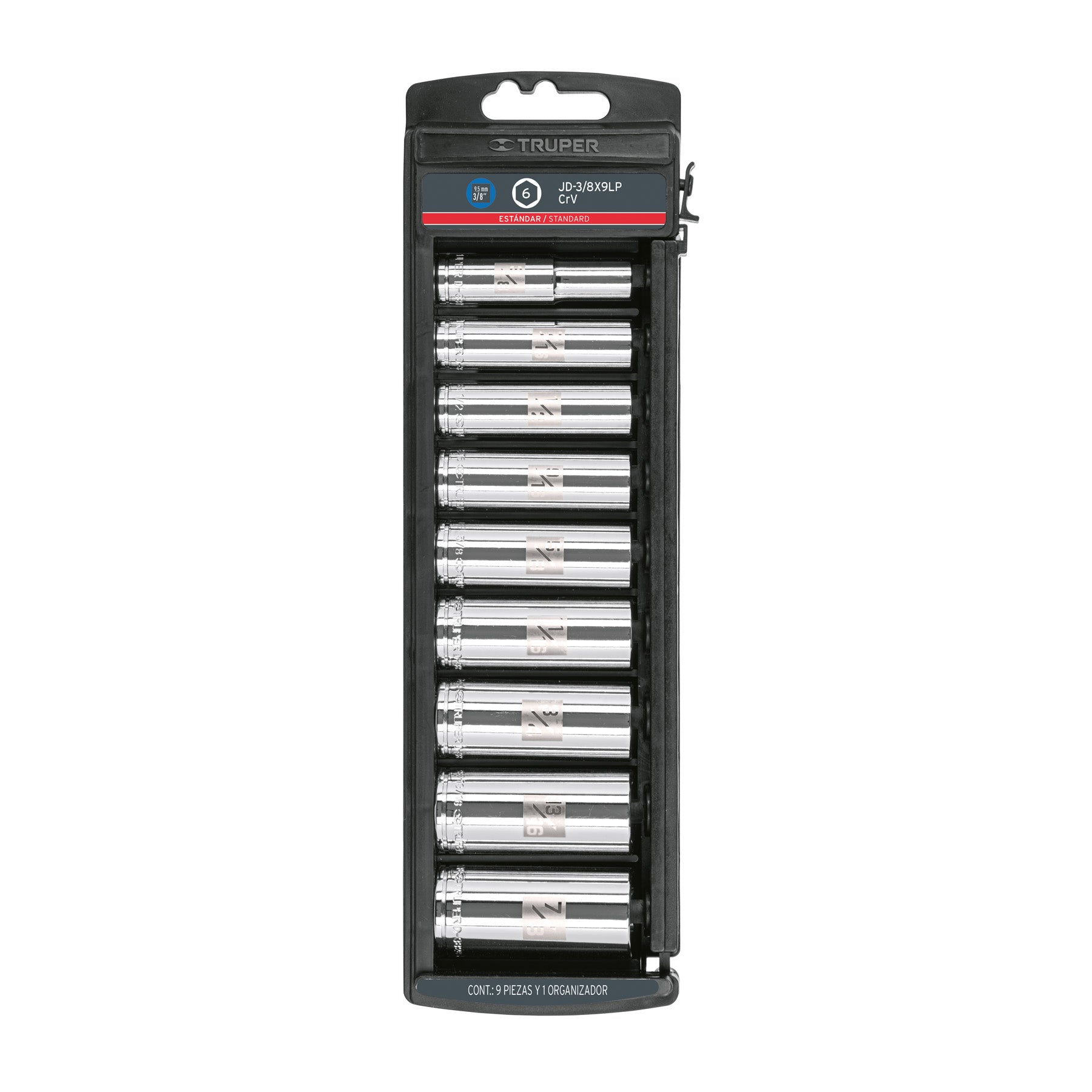 Juego de 9 dados largos cuadro 3/8" estándar, Truper