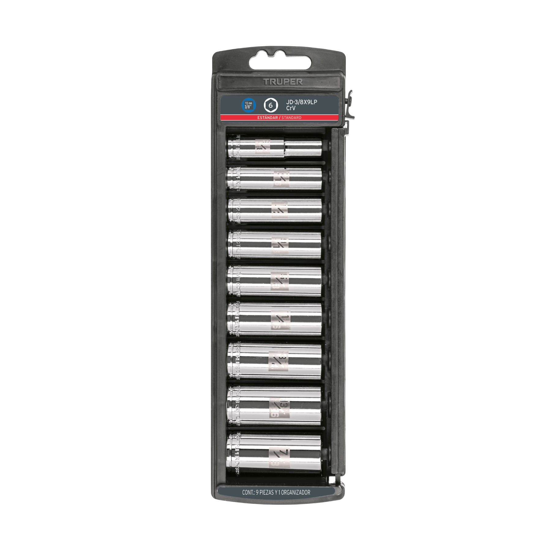 Juego de 9 dados largos cuadro 3/8" estándar, Truper