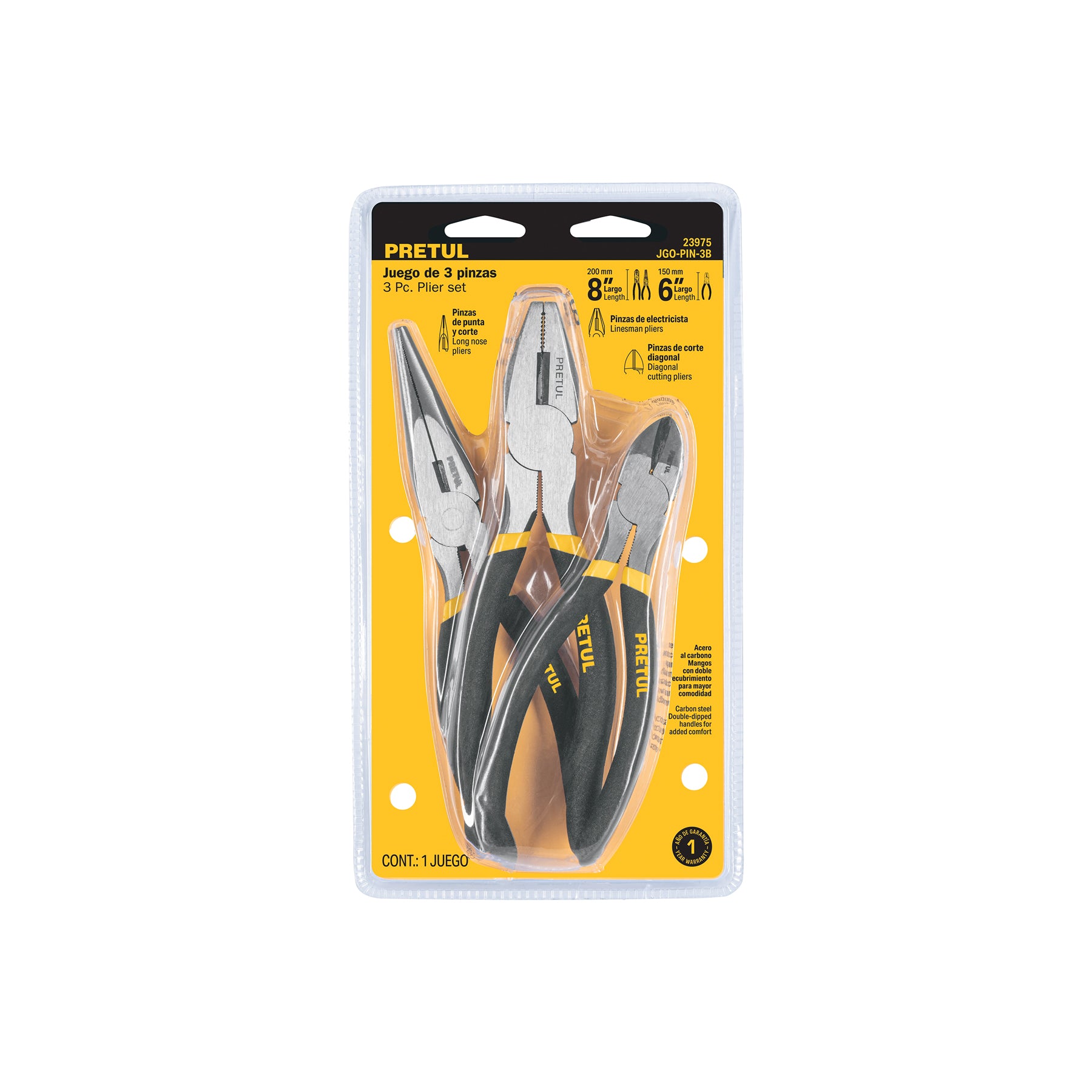 Juego de 3 pinzas, 2 de 6" y 1 de 8", mangos de PVC, Pretul, JGO-PIN-3B, 23975