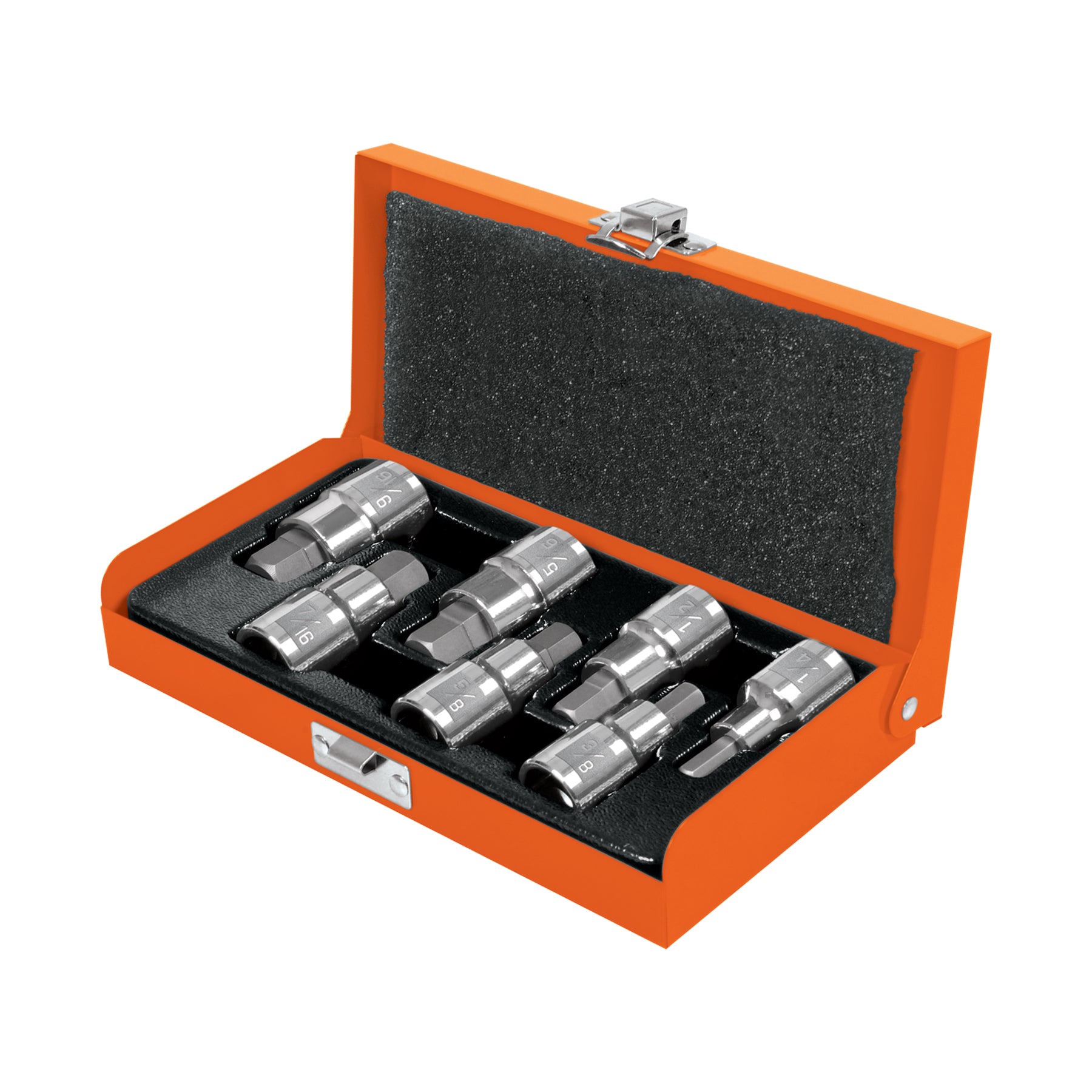 Juego de 7 dados cuadro 1/2" punta hex estándar, estuche metálico