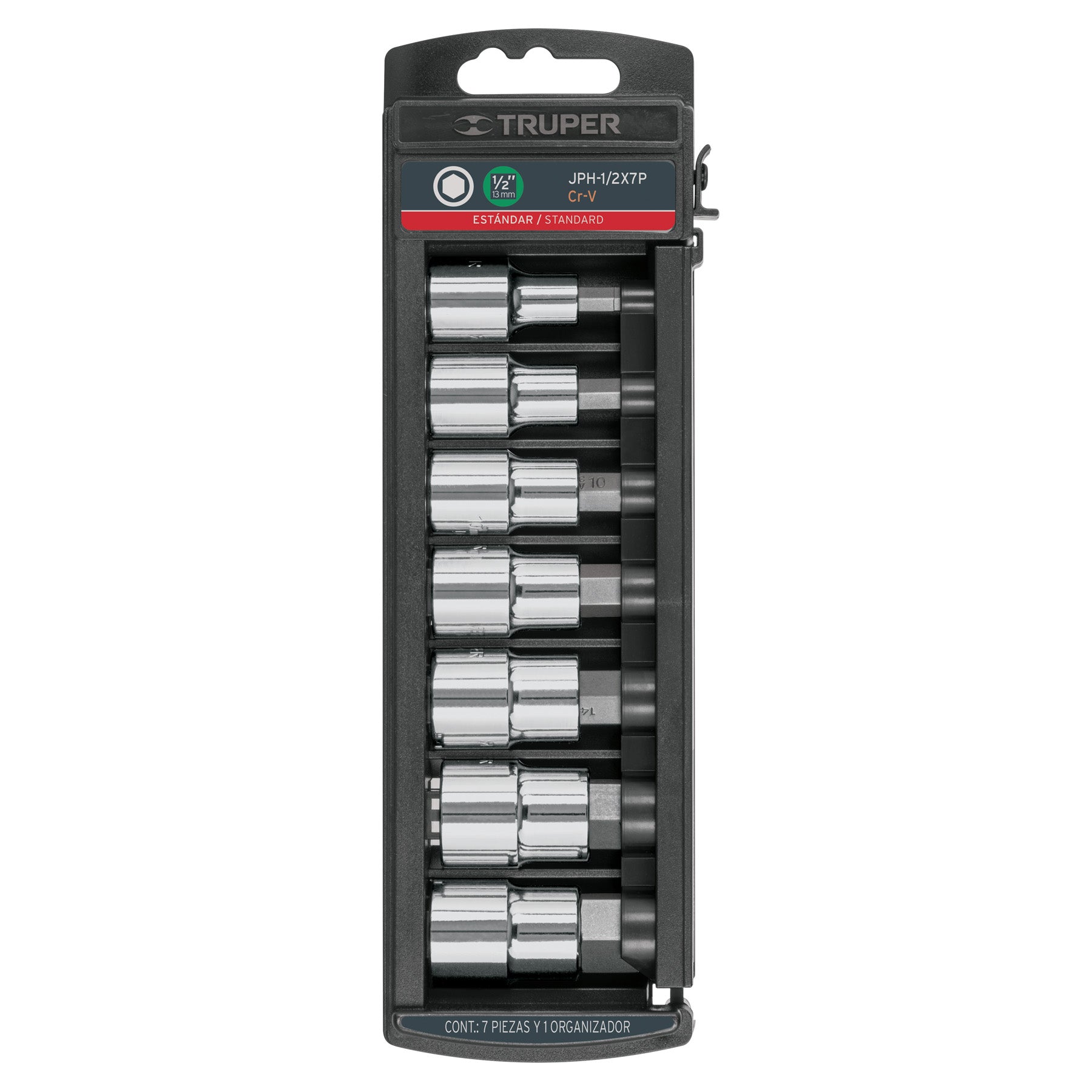 Juego de 7 dados cuadro 1/2" punta hexagonal std, Truper, JPH-1/2X7P, 102239