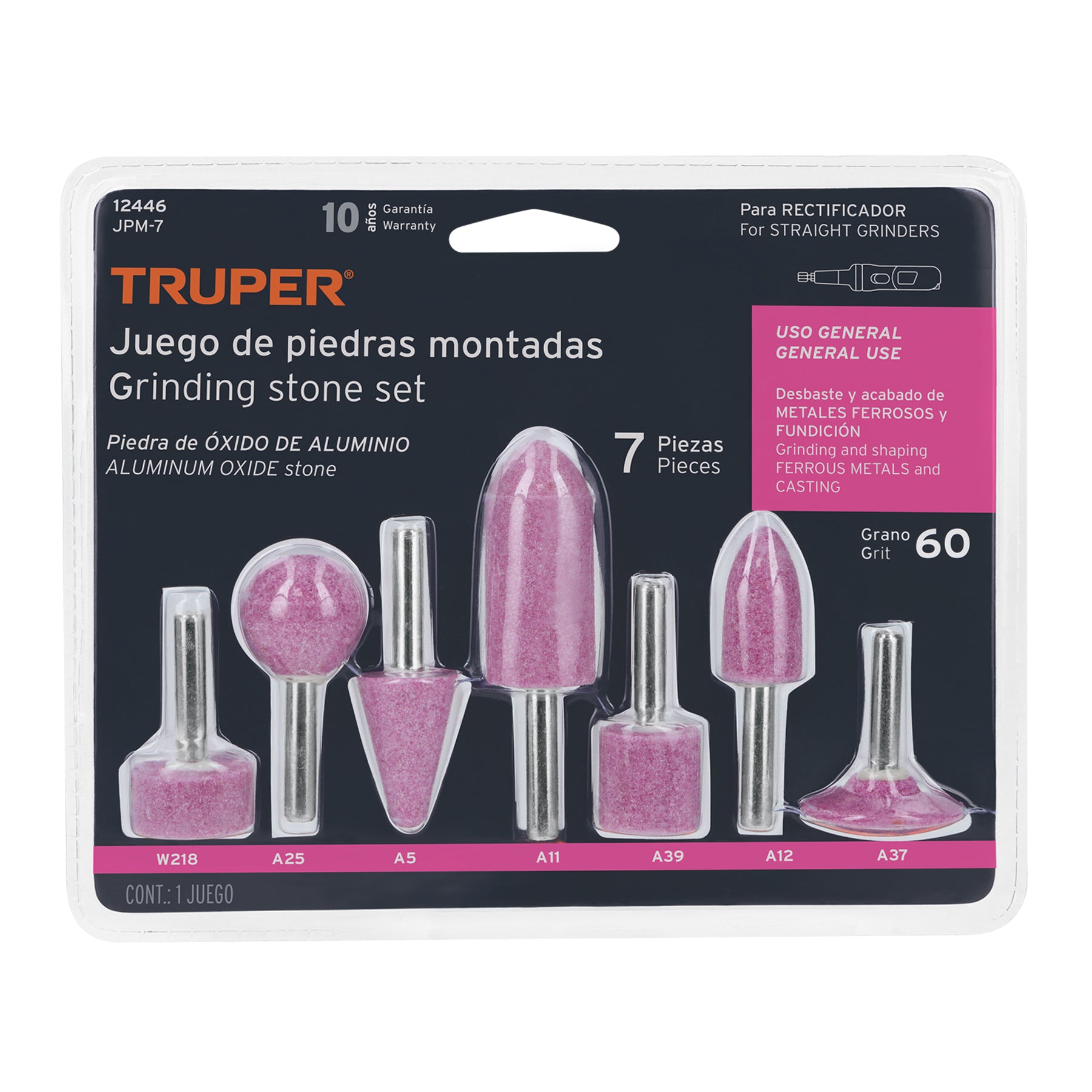Juego de 7 piedras montadas zanco 1/4", uso general, Truper