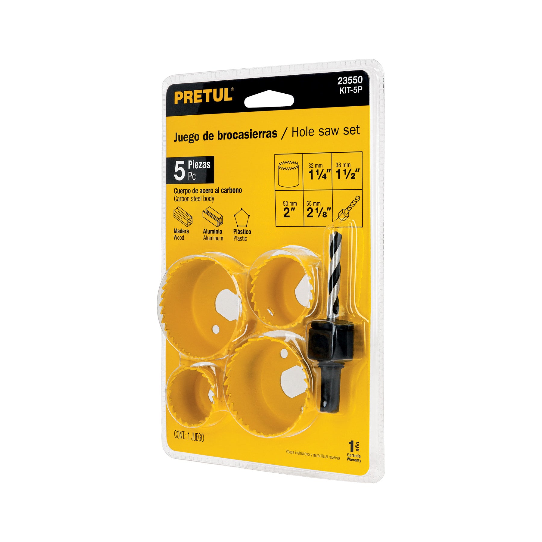 Juego de 4 brocasierras acero al carbono y 1 mandril, Pretul, KIT-5P, 23550