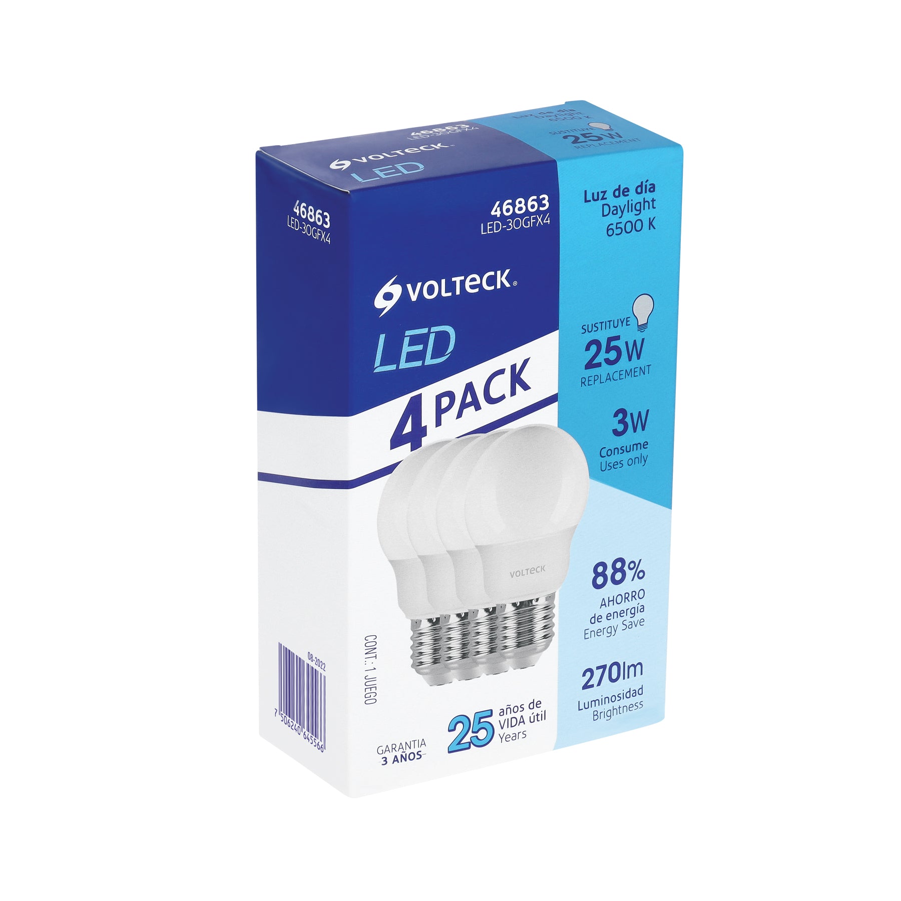 Pack 4 focos LED 3W (25W) G45, 6500K blanca fría, 270 lm, Volteck, LED-30GFX4, 46863