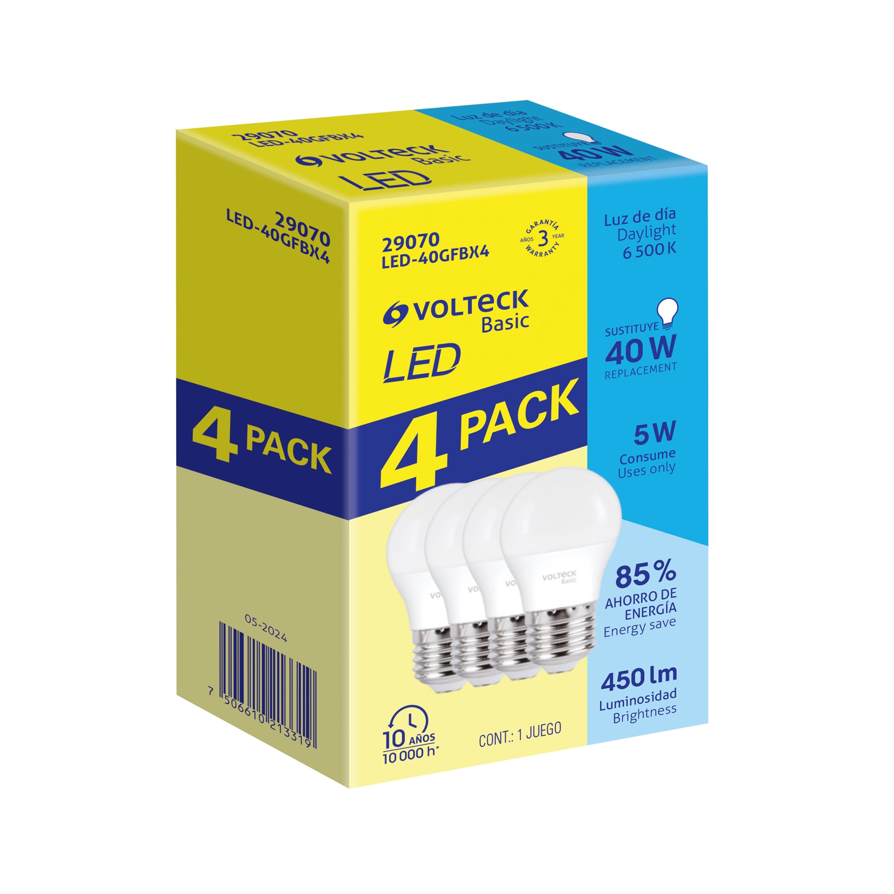 Pack 4 focos LED 5W (40W) G45, 6500K fría, 450 lm, BASIC, Volteck, LED-40GFBX4, 29070