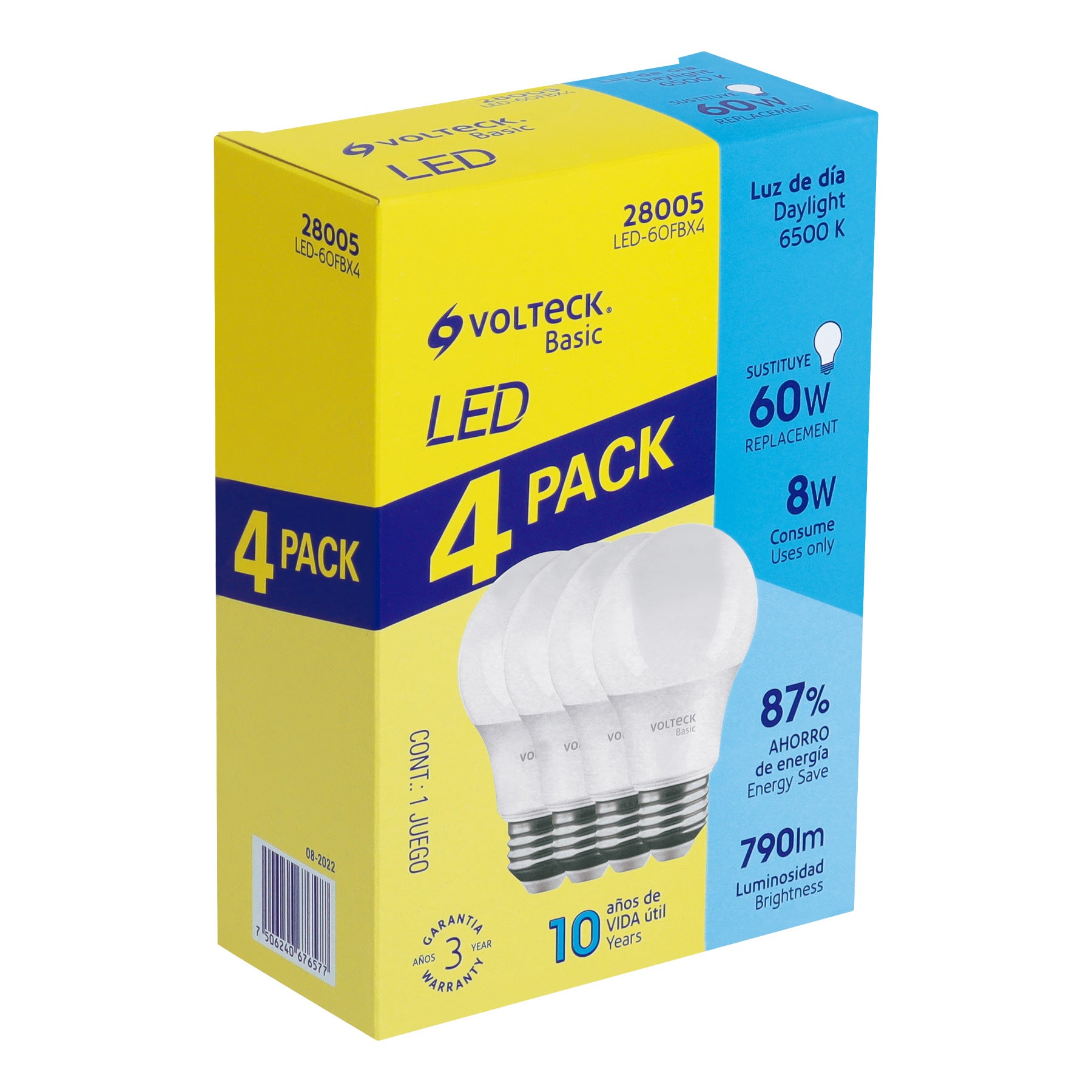 Pack 4 focos LED 8W (60W) A19, 6500K fría, 790 lm, BASIC, Volteck, LED-60FBX4, 28005