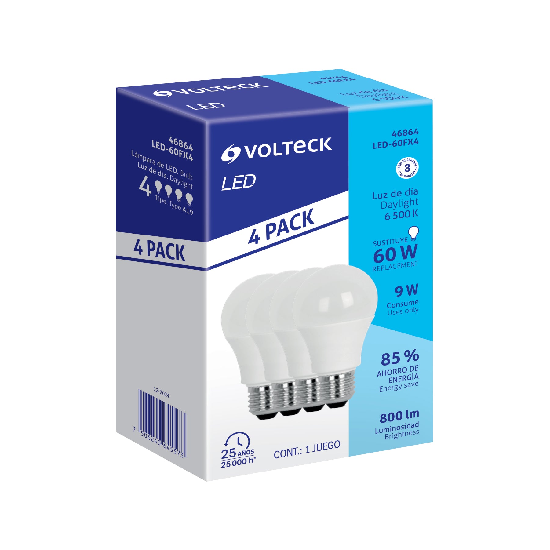 Pack 4 focos LED 9W (60W) A19, 6500K blanca fría, 800 lm, Volteck, LED-60FX4, 46864