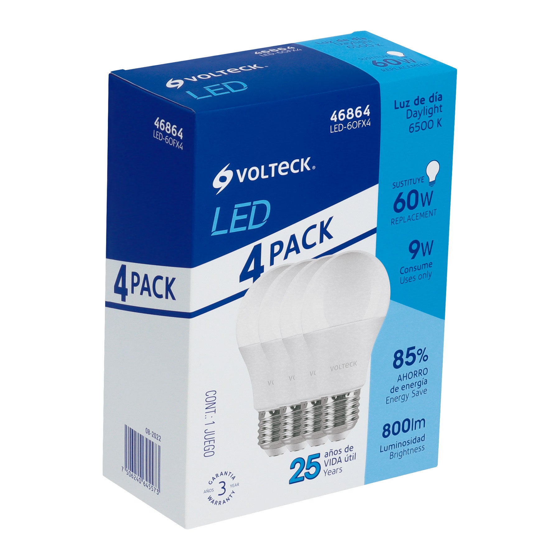 Pack de 4 lámparas LED A19 9 W (equiv. 60 W), luz de día