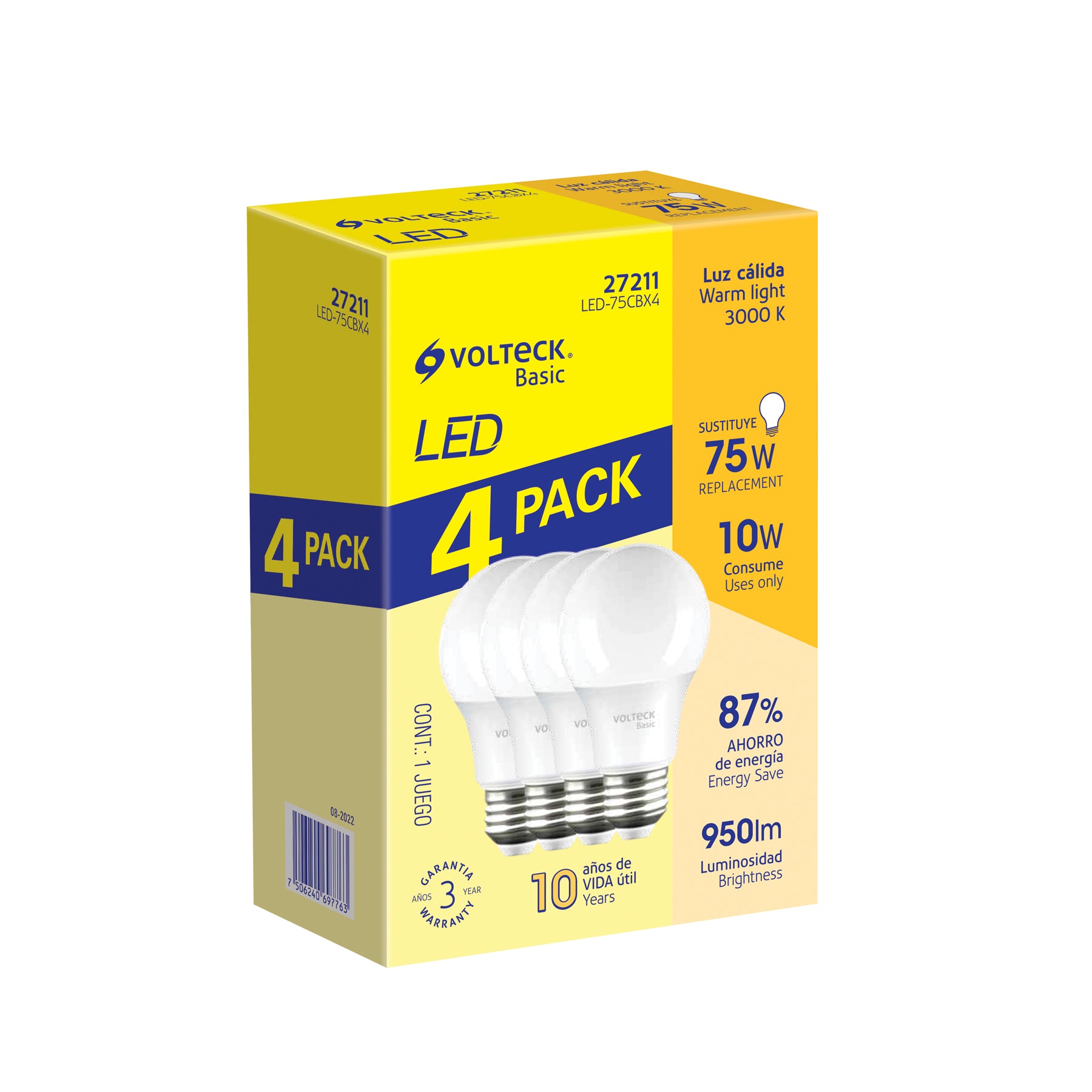 Pack 4 focos LED 10W (75W) A19, 3000K cálida, 950 lm, BASIC, Volteck, LED-75CBX4, 27211