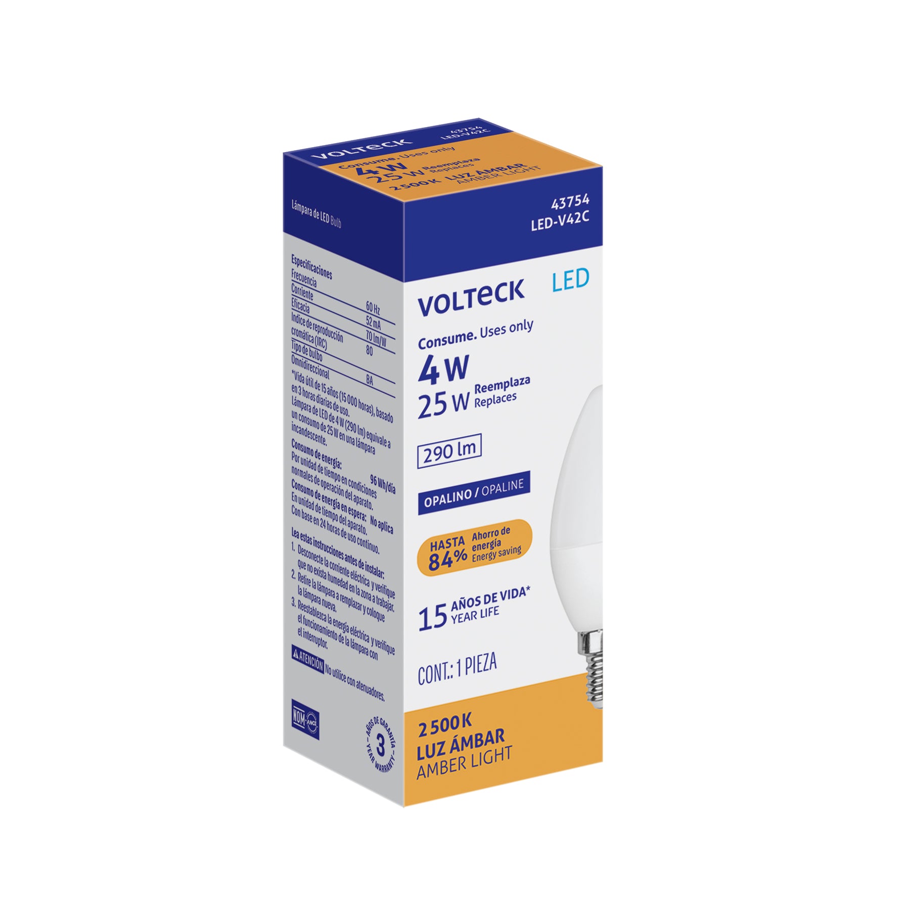 Foco LED tipo vela 4W (25W) 2400K luz ámbar, E12, Volteck, LED-V42C, 43754
