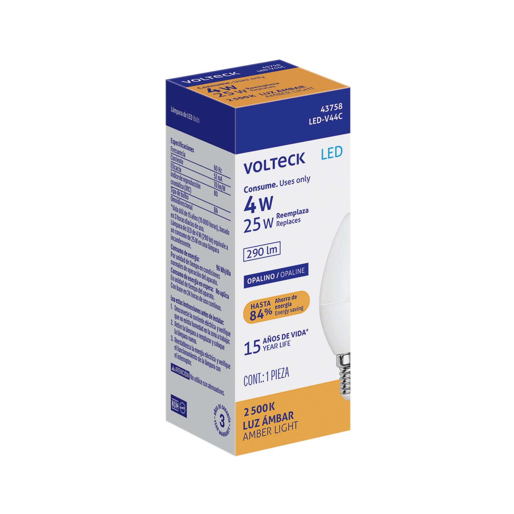 Foco LED tipo vela 4W (25W) 2400K luz ámbar, E14, Volteck, LED-V44C, 43758