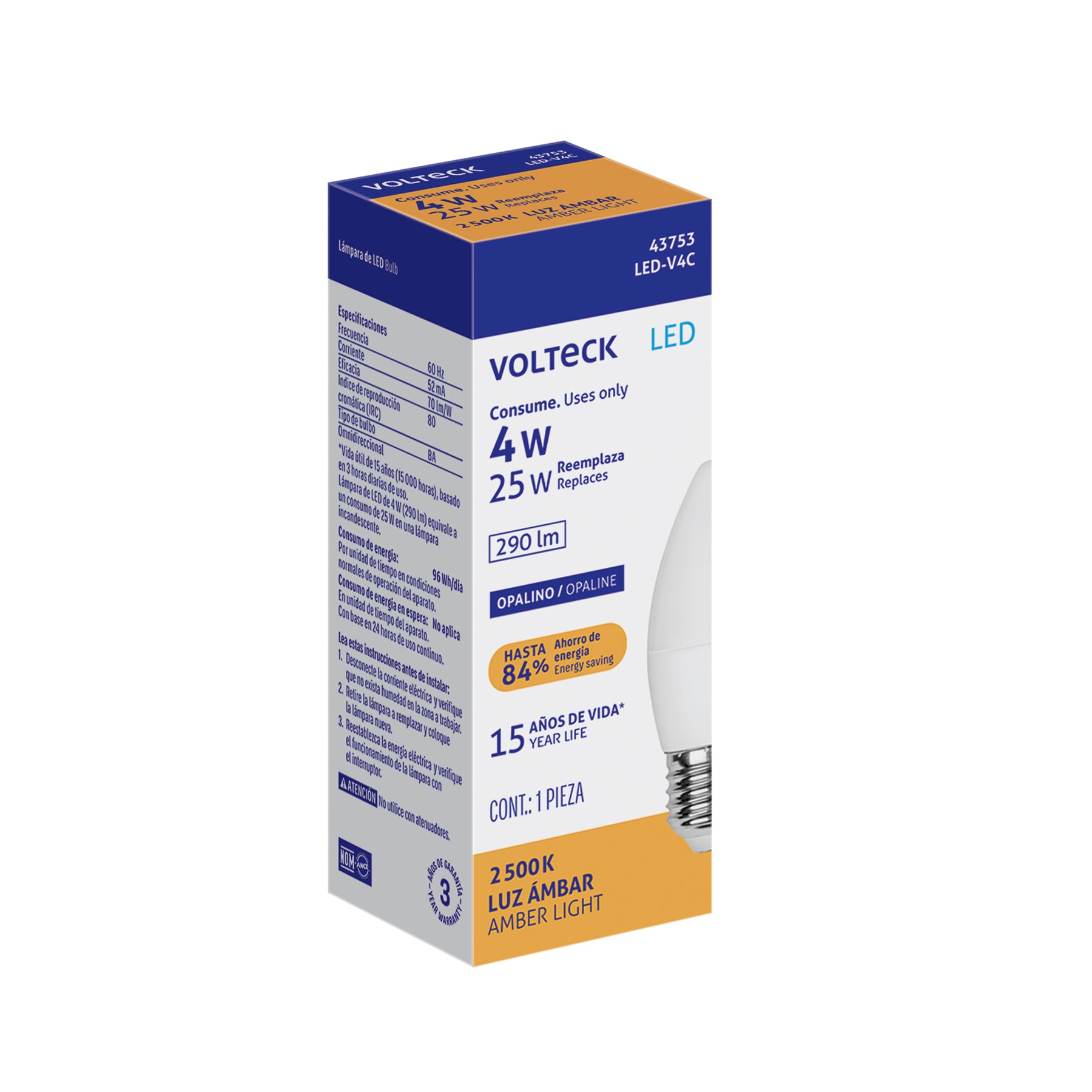 Foco LED tipo vela 4W (25W) 2400K luz ámbar, E27, Volteck, LED-V4C, 43753