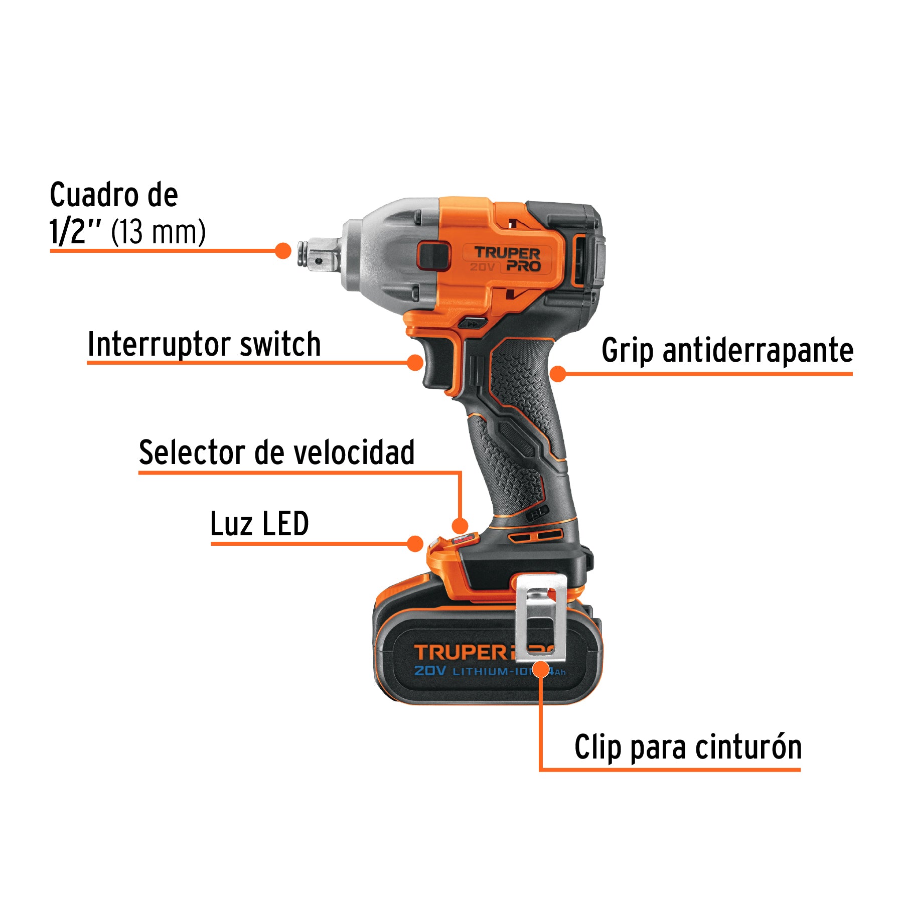 Llave de impacto inalámbrica 1/2", 20V, 184 lb/ft, 1 batería 4Ah, PRO