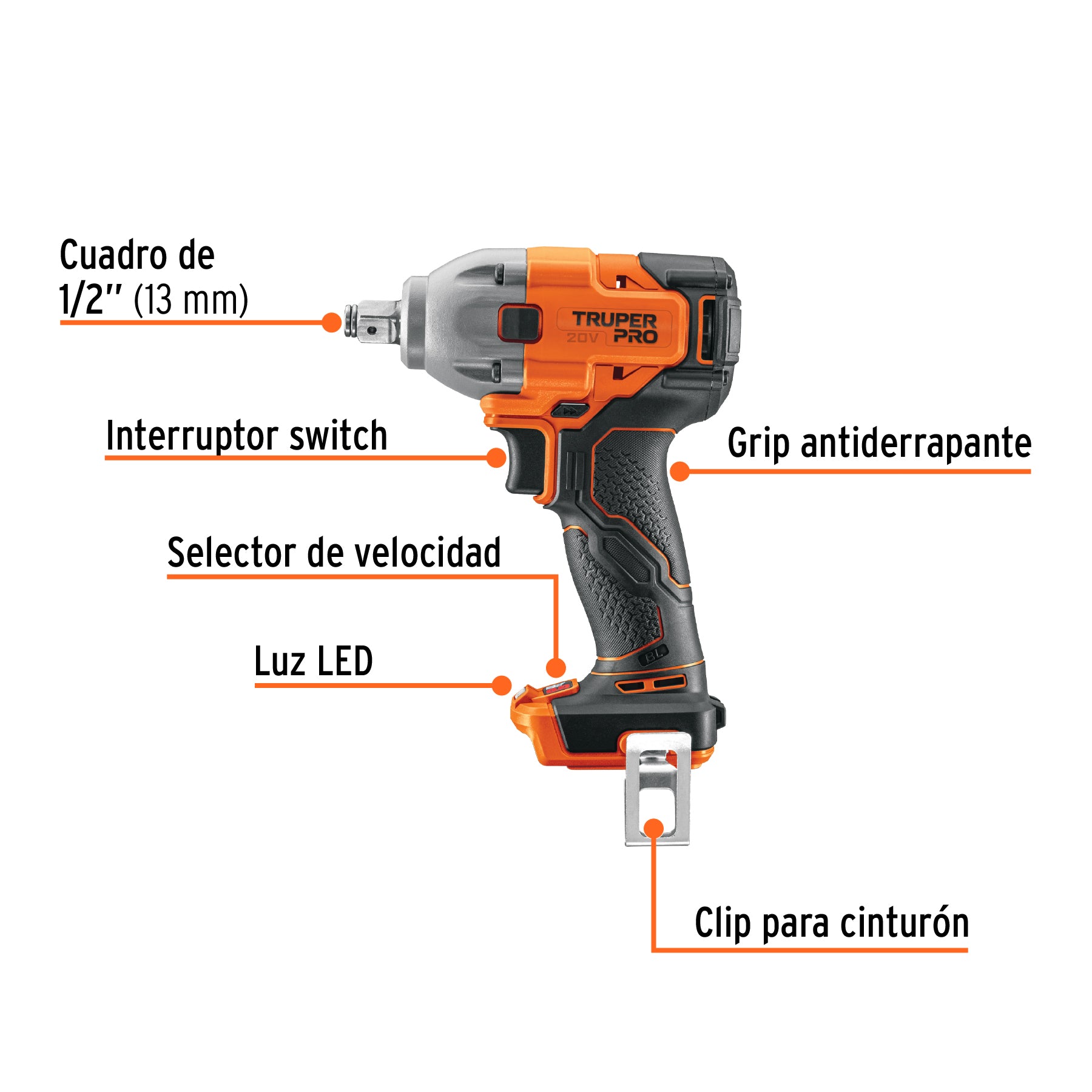 Llave de impacto inalámbrica 1/2", 20V, 184 lb/ft, sin accesorios, PRO
