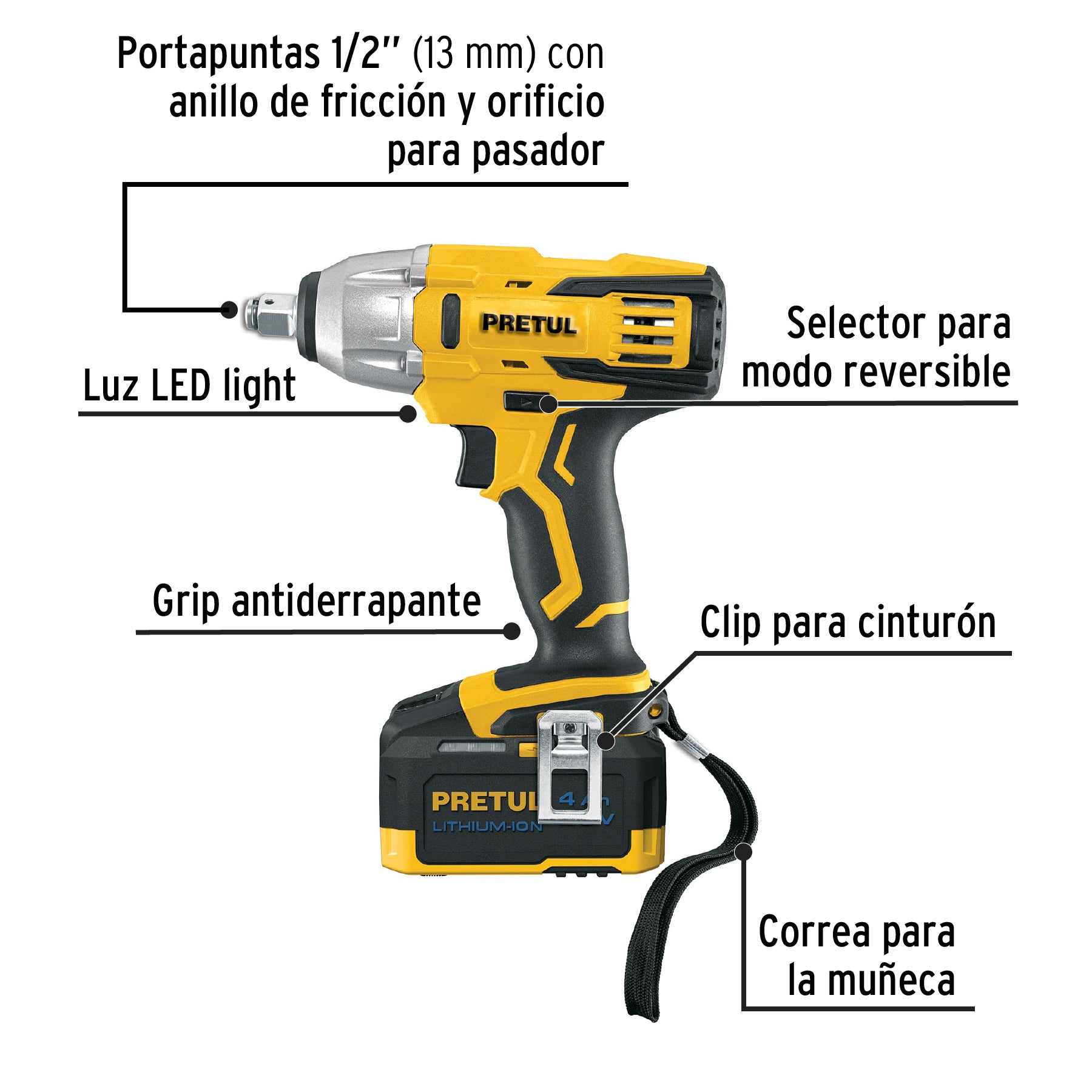 Llave de impacto inalámbrica 1/2", 20V, 155 lb/ft, 1 batería 4Ah, Pretul