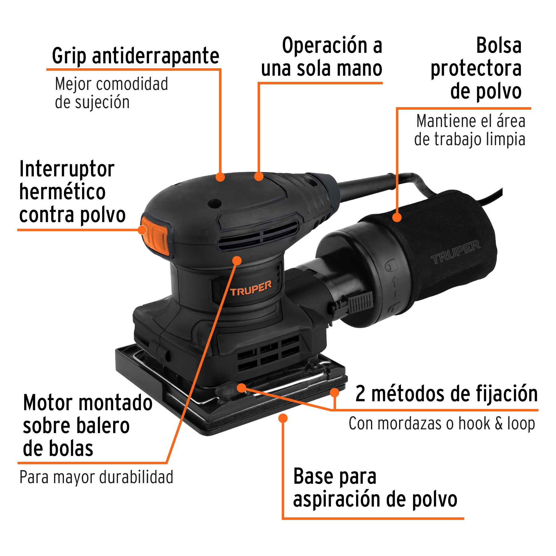 Lijadora orbital 1/4 hoja, 300W, Truper industrial