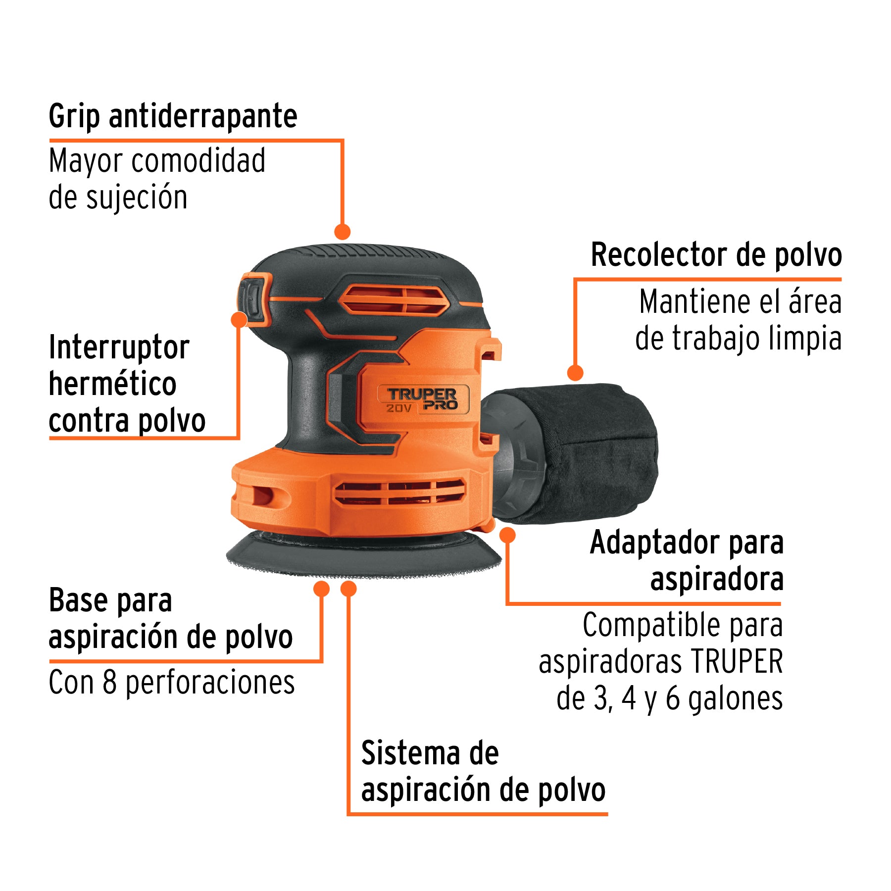 Lijadora roto-orbital inalámbrica 5", 20V, sin accesorios, PRO