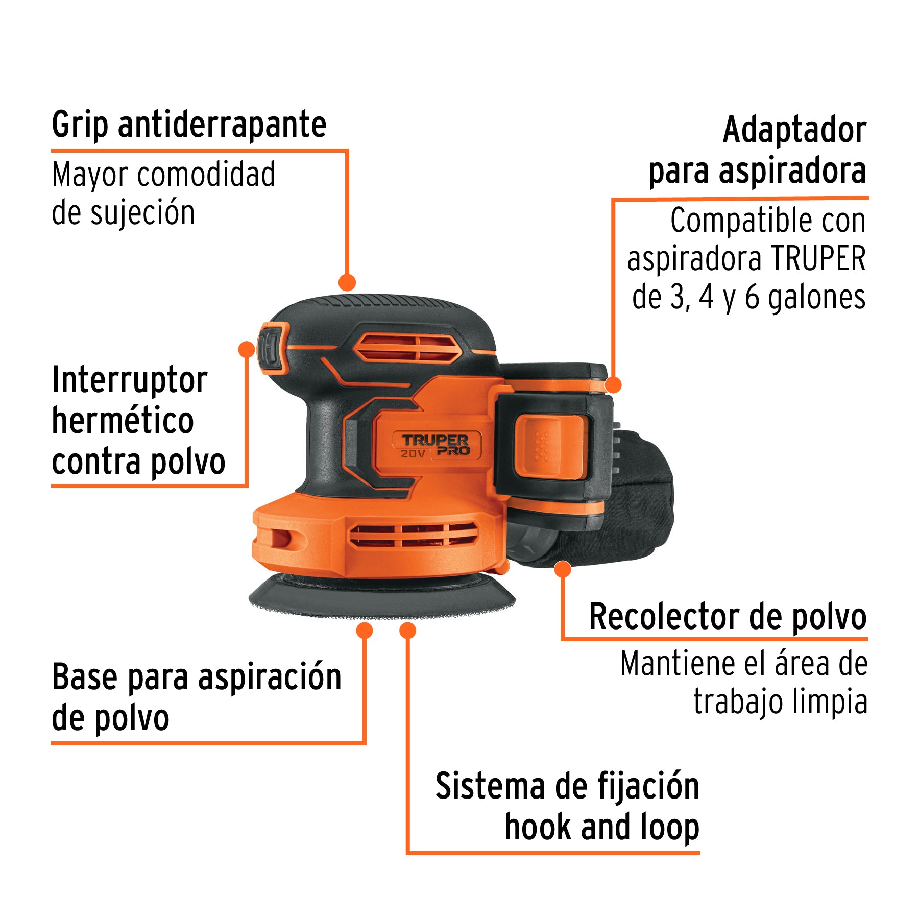 Lijadora roto-orbital inalámbrica 5", 20V, 1 batería 2Ah, PRO