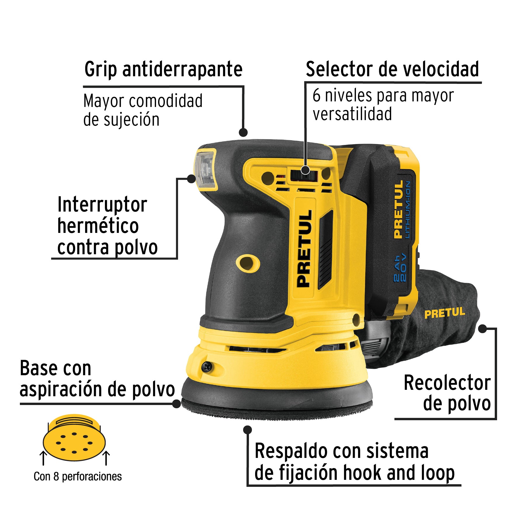 Lijadora roto-orbital inalámbrica 5", 20V, 1 batería 2Ah, Pretul