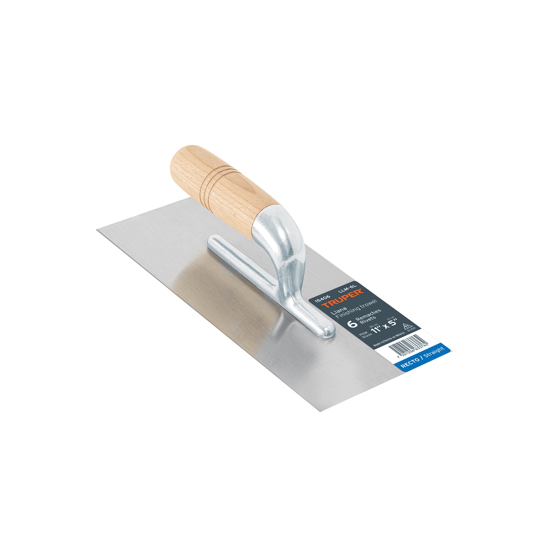 Llana 11" canto recto, 6 remaches, mango madera, Truper