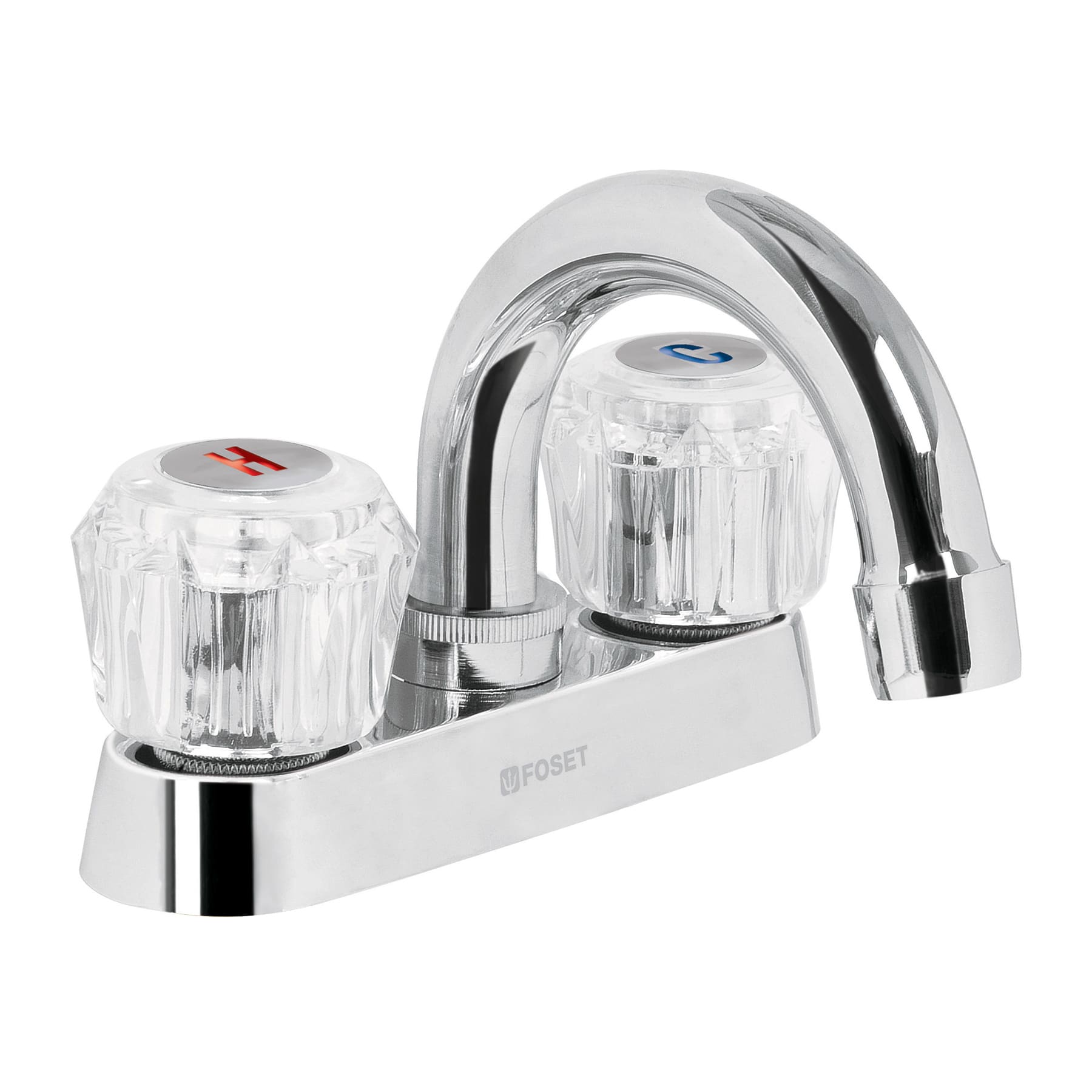 Mezcladora 4" para lavabo, cuello curvo, manerales acrílico, Foset, M-050A, 49276