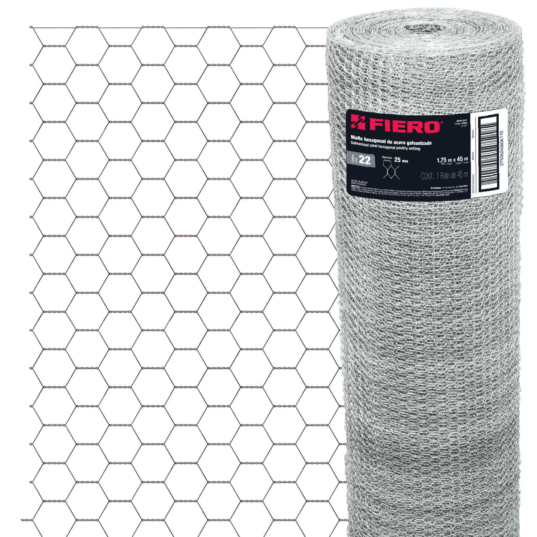 Rollo malla hexagonal cal.22, 1.75x 45m, abertura 25mm, 23kg