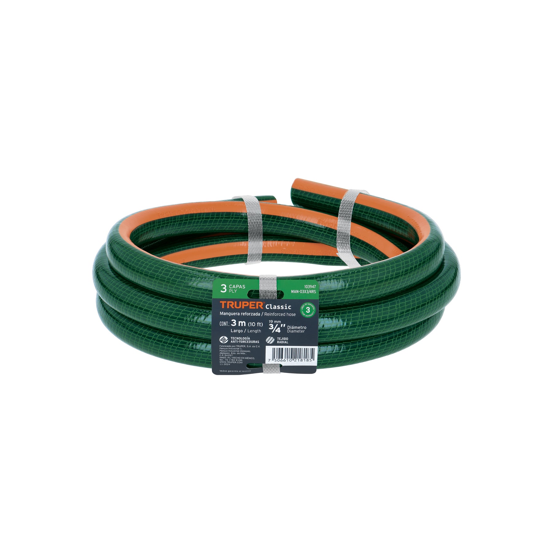 Manguera de jardín 3/4", 3 capas, 3m, sin conexiones, Truper